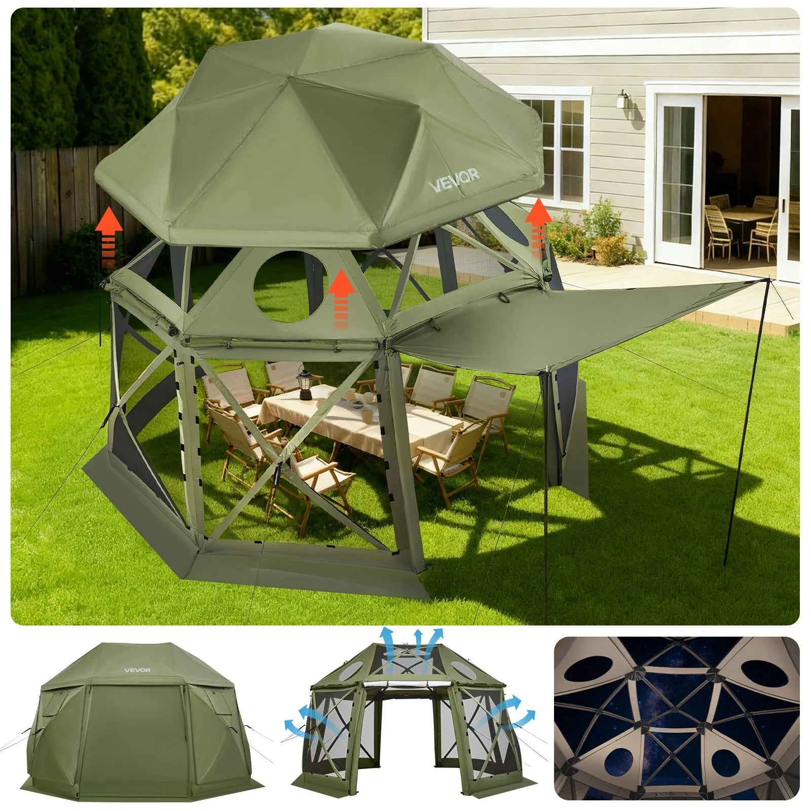 VEVOR Pop up Gazebo Screen Tent, 13 x 13 ft, 13-Sided Spherical Camping Canopy Tent with Removable Top & Carry Bag, Quick-Set & Bite-Proof, Screen House Sun Shelter for 10-12 Persons, Green 
