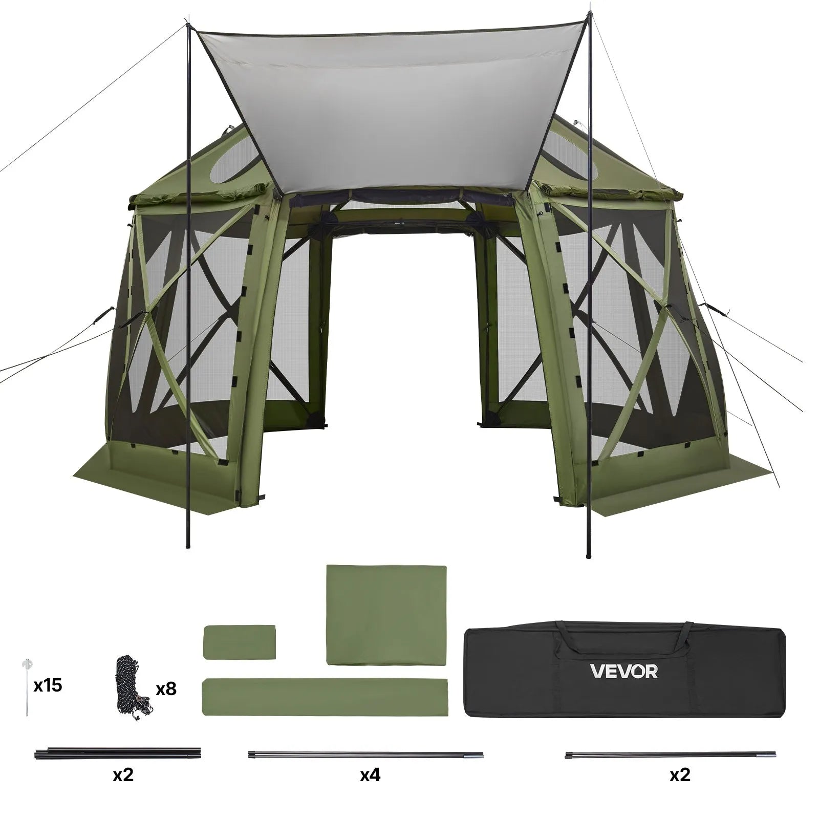 VEVOR Pop up Gazebo Screen Tent, 13 x 13 ft, 13-Sided Spherical Camping Canopy Tent with Removable Top & Carry Bag, Quick-Set & Bite-Proof, Screen House Sun Shelter for 10-12 Persons, Green 