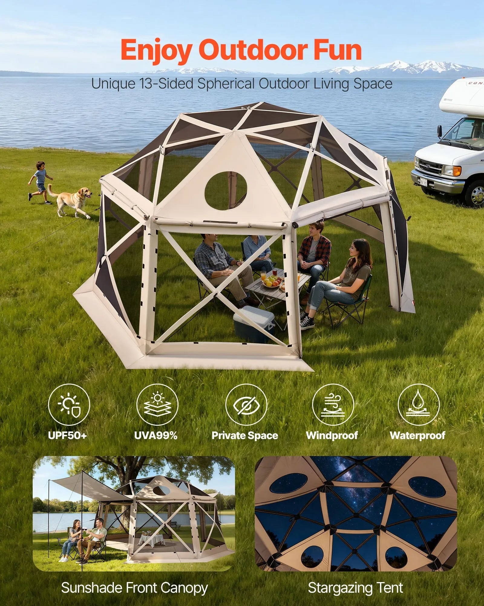 VEVOR Pop up Gazebo Screen Tent, 15 x 15 ft, 13-Sided Spherical Camping Canopy Tent with Removable Top & Carry Bag, Quick-Set & Bite-Proof, Screen House Sun Shelter for 12-15 Persons, Beige 