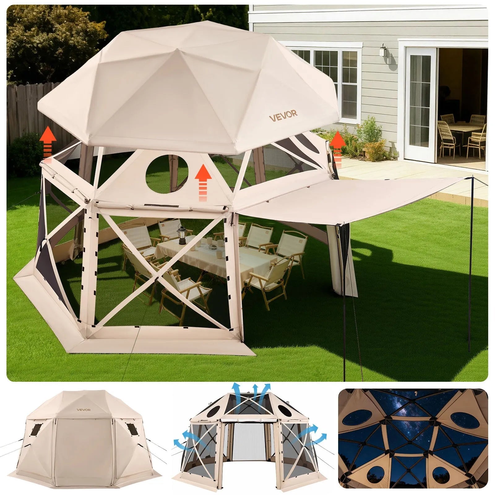 VEVOR Pop up Gazebo Screen Tent, 15 x 15 ft, 13-Sided Spherical Camping Canopy Tent with Removable Top & Carry Bag, Quick-Set & Bite-Proof, Screen House Sun Shelter for 12-15 Persons, Beige 