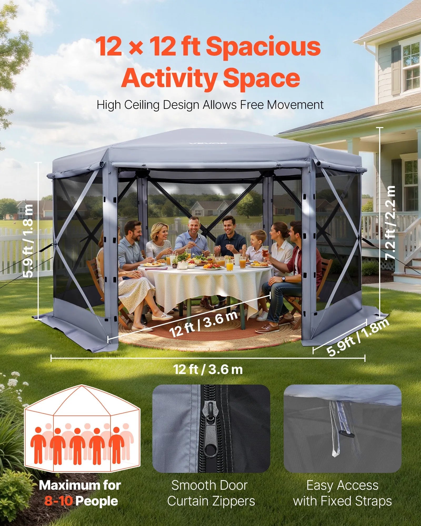 VEVOR Pop up Gazebo Screen Tent, 12 x 12 ft Large 6-Sided Camping Canopy Tent with Removable Top & Carry Bag, Quick-Set & Bite-Proof, Screen House Sun Shelter for 8-10 Persons Backyard Patio, Grey 