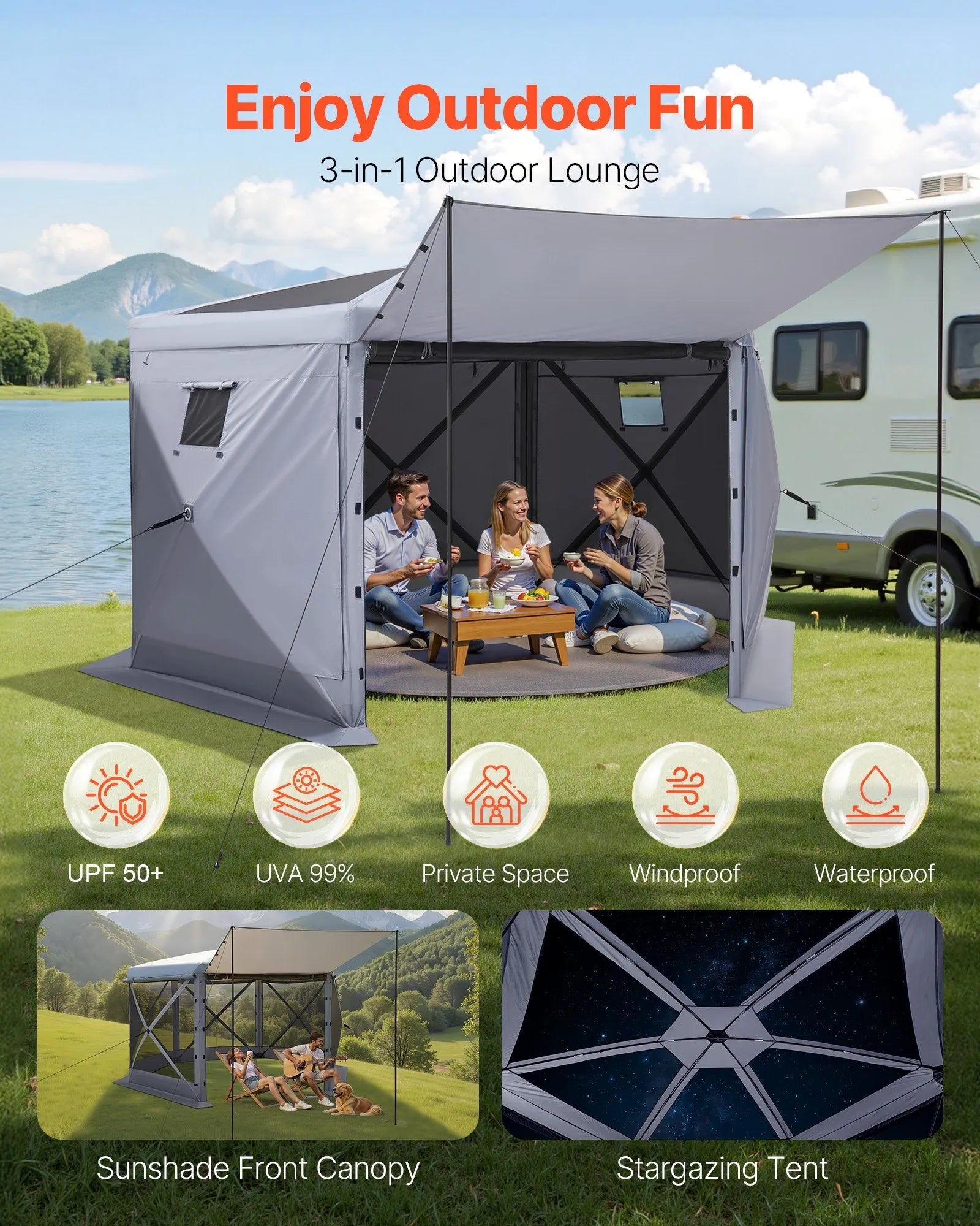 VEVOR Pop up Gazebo Screen Tent, 12 x 12 ft Large 6-Sided Camping Canopy Tent with Removable Top & Carry Bag, Quick-Set & Bite-Proof, Screen House Sun Shelter for 8-10 Persons Backyard Patio, Grey 