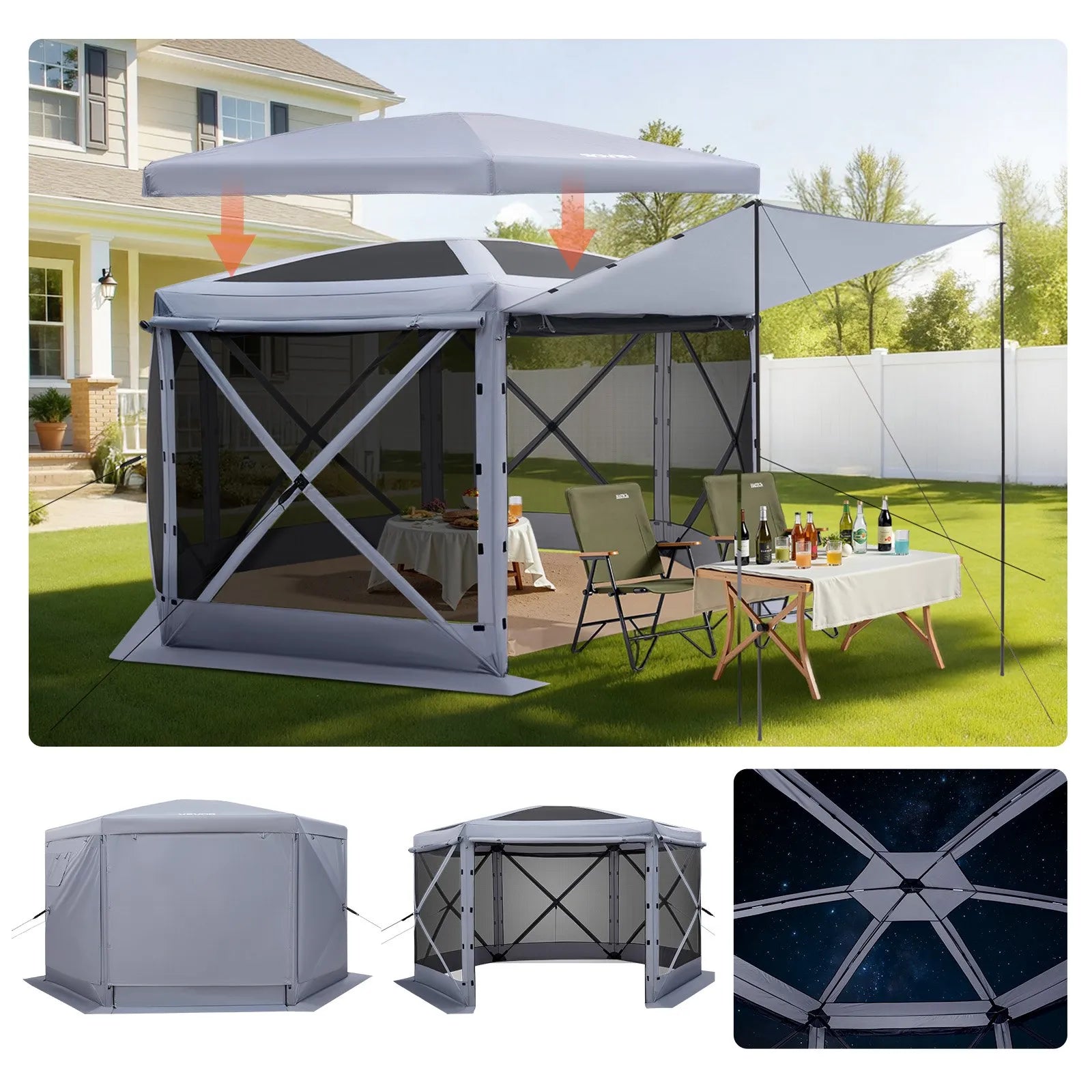 VEVOR Pop up Gazebo Screen Tent, 12 x 12 ft Large 6-Sided Camping Canopy Tent with Removable Top & Carry Bag, Quick-Set & Bite-Proof, Screen House Sun Shelter for 8-10 Persons Backyard Patio, Grey 