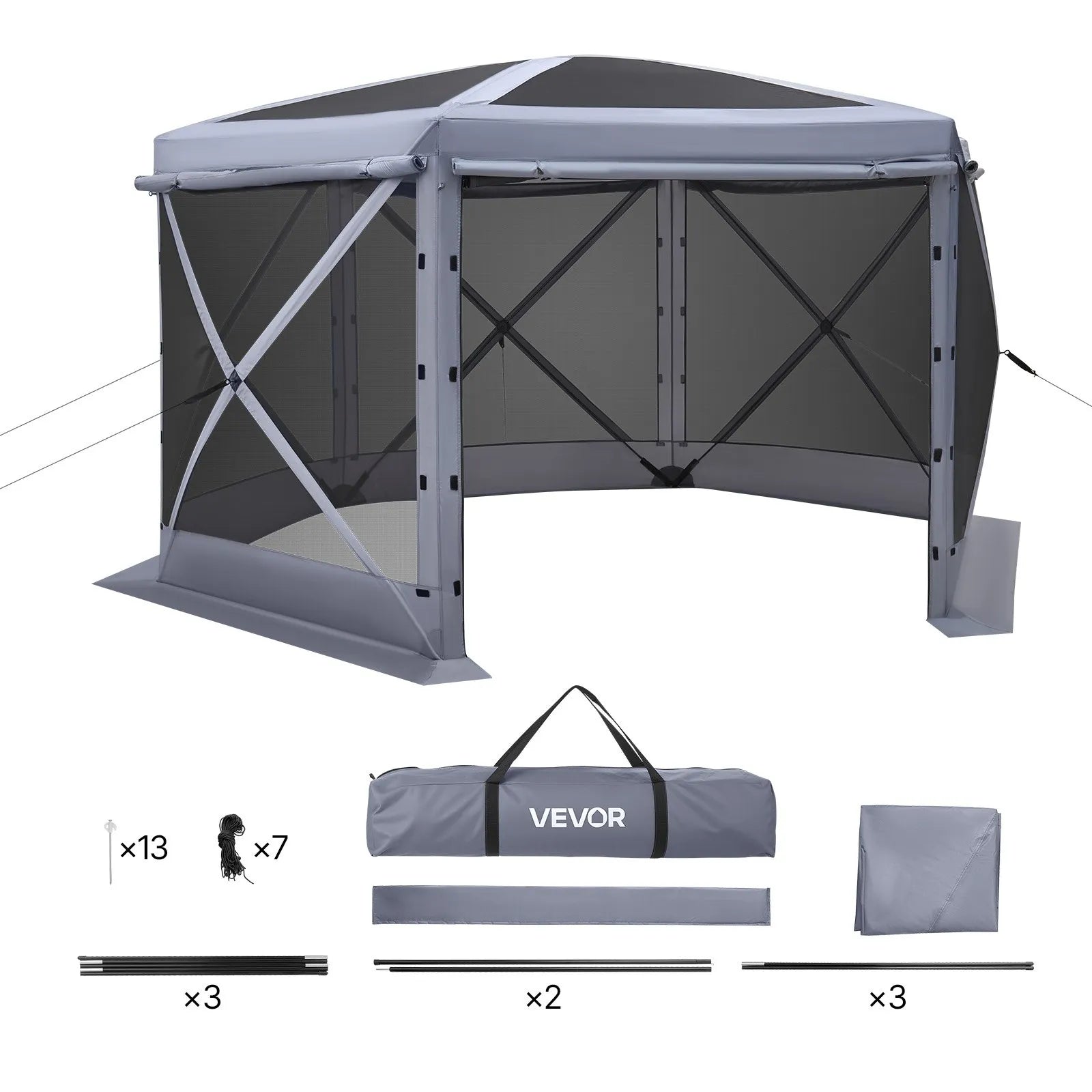 VEVOR Pop up Gazebo Screen Tent, 12 x 12 ft Large 6-Sided Camping Canopy Tent with Removable Top & Carry Bag, Quick-Set & Bite-Proof, Screen House Sun Shelter for 8-10 Persons Backyard Patio, Grey 