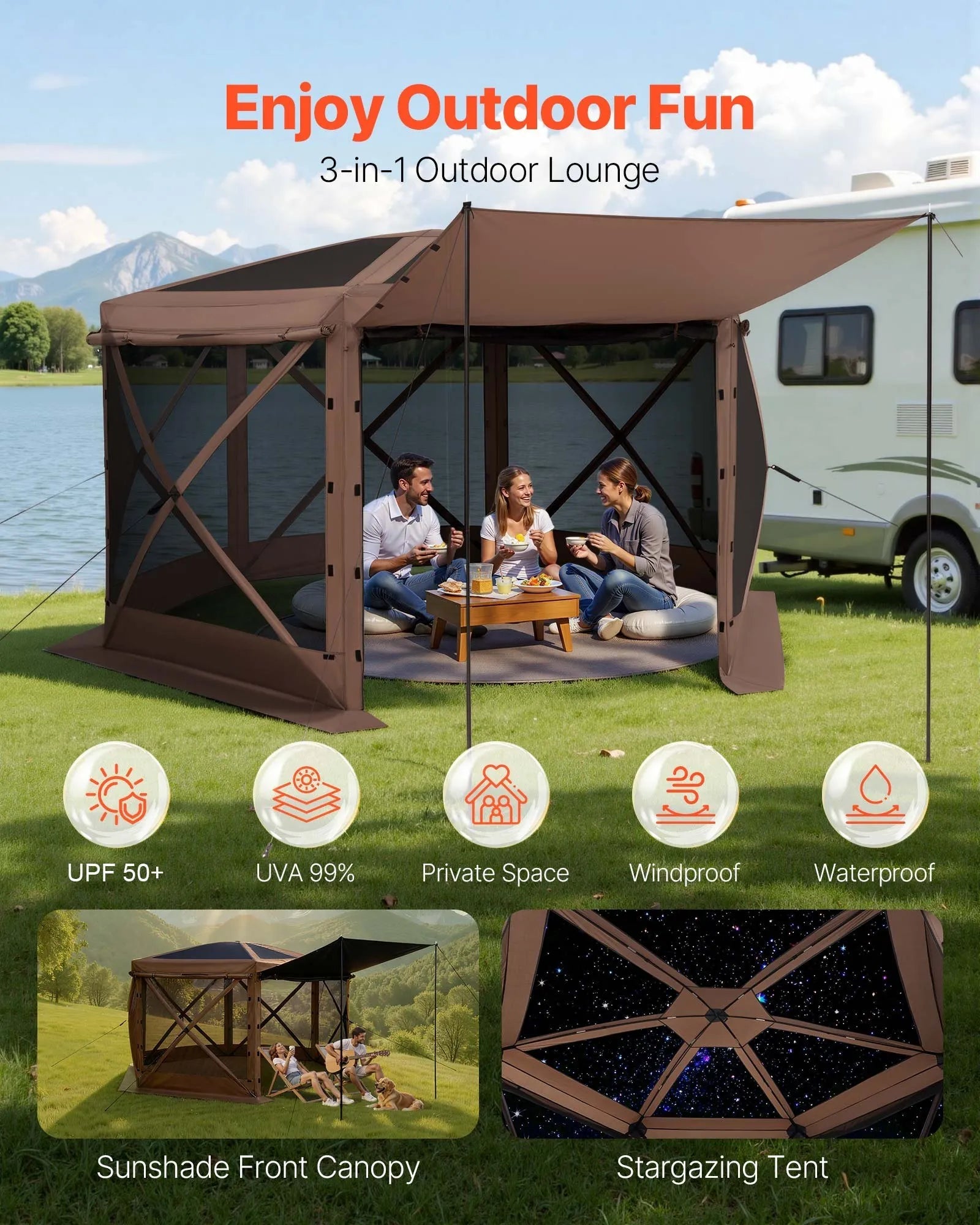 VEVOR Pop up Gazebo Screen Tent, 12 x 12 ft Large 6-Sided Camping Canopy Tent with Removable Top & Carry Bag, Quick-Set & Bite-Proof, Screen House Sun Shelter for 8-10 Persons Backyard Patio, Brown 