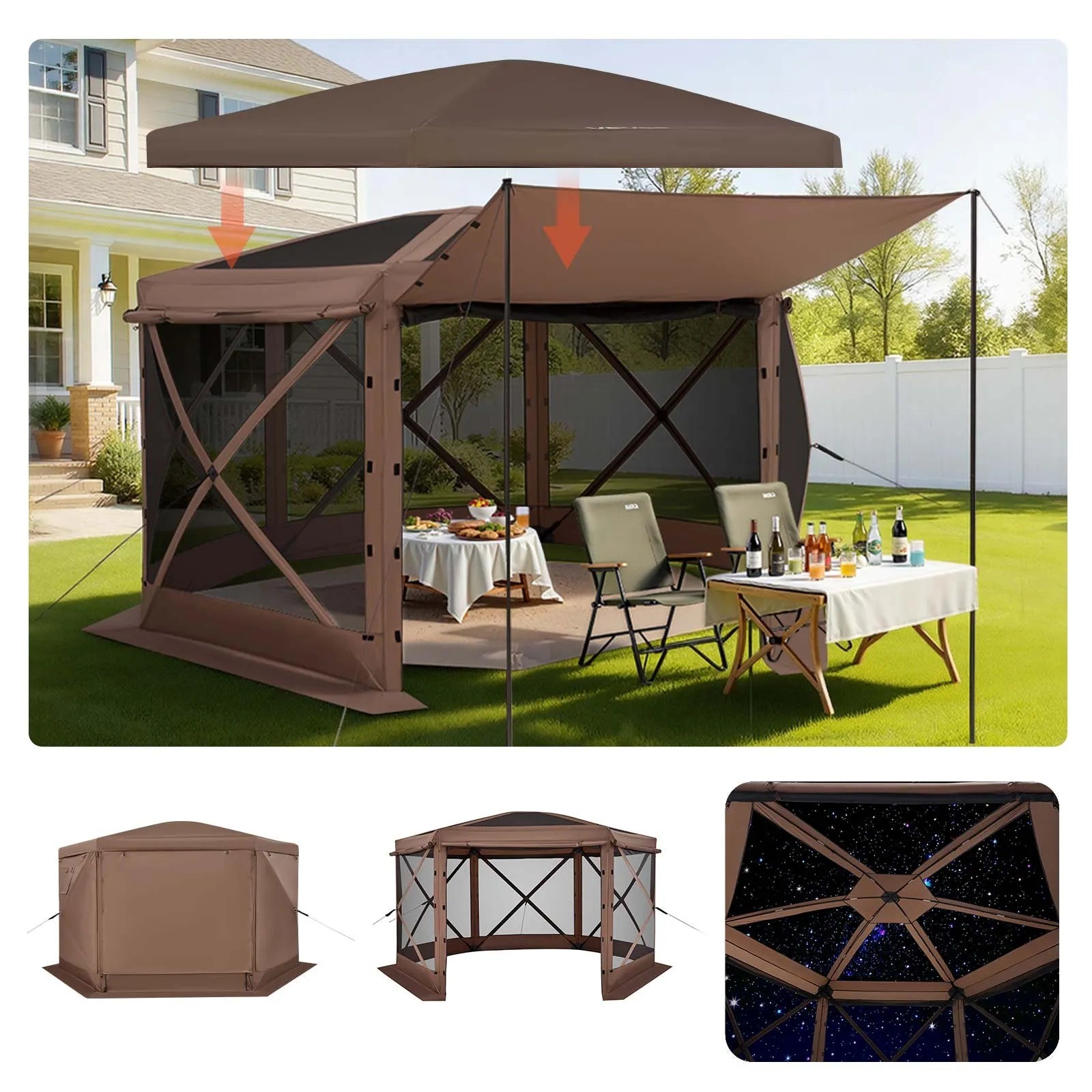 VEVOR Pop up Gazebo Screen Tent, 12 x 12 ft Large 6-Sided Camping Canopy Tent with Removable Top & Carry Bag, Quick-Set & Bite-Proof, Screen House Sun Shelter for 8-10 Persons Backyard Patio, Brown 