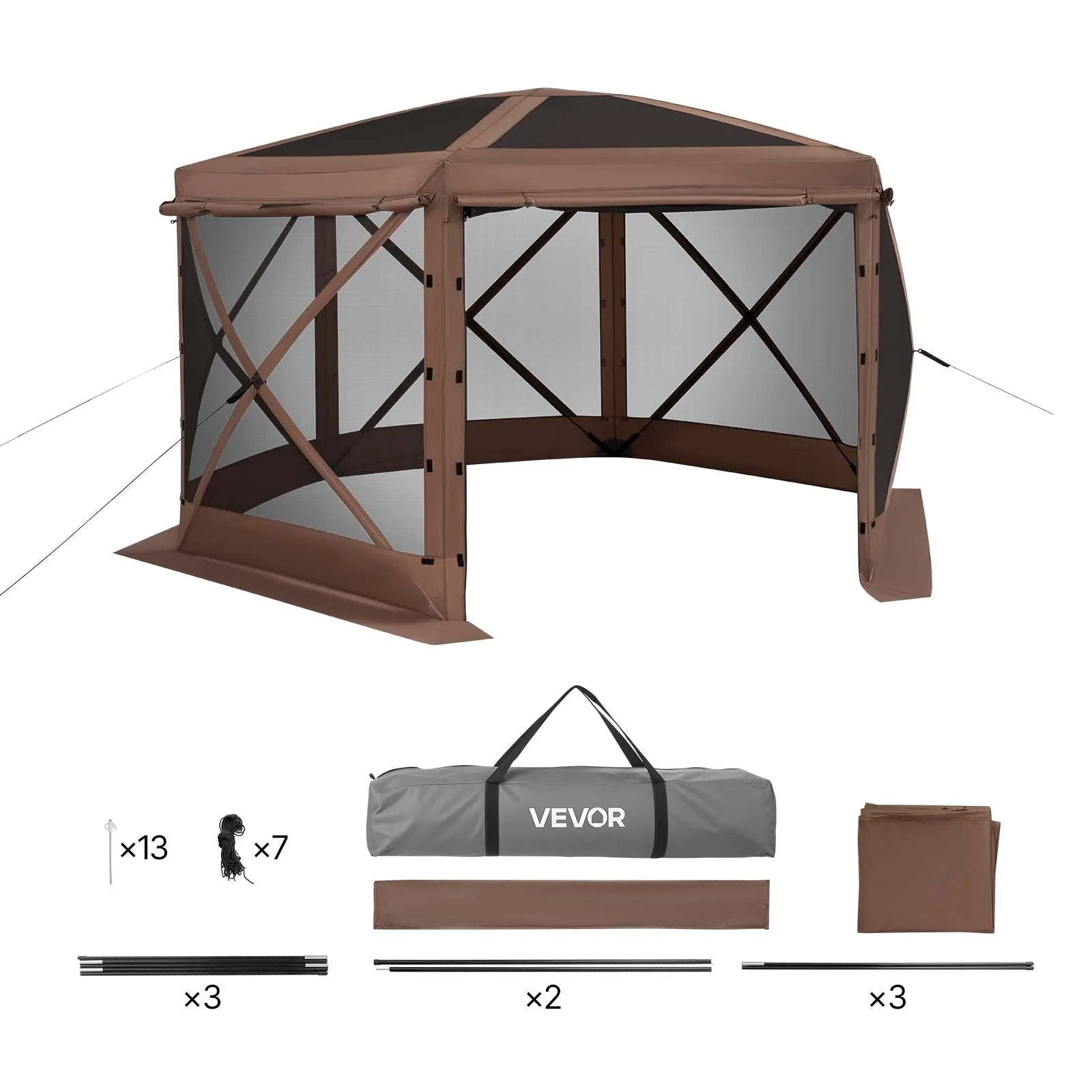 VEVOR Pop up Gazebo Screen Tent, 12 x 12 ft Large 6-Sided Camping Canopy Tent with Removable Top & Carry Bag, Quick-Set & Bite-Proof, Screen House Sun Shelter for 8-10 Persons Backyard Patio, Brown 