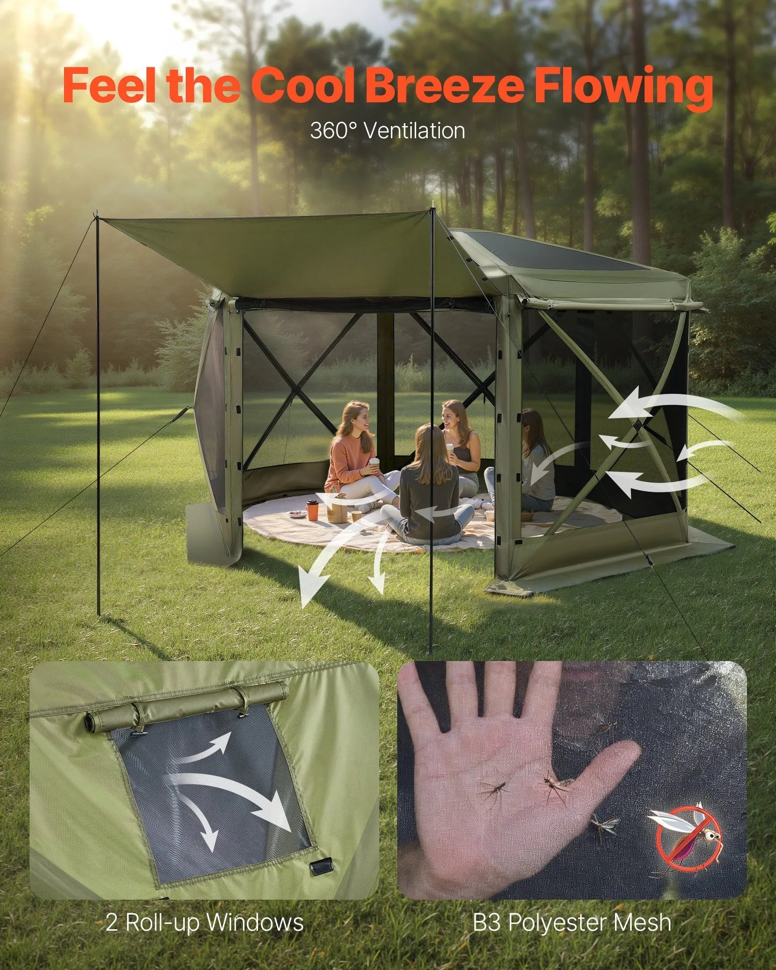 VEVOR Pop up Gazebo Screen Tent, 10 x 10 ft Large 6-Sided Camping Canopy Tent with Removable Top & Carry Bag, Quick-Set & Bite-Proof, Screen House Sun Shelter for 6-8 Persons Backyard Patio, Green 