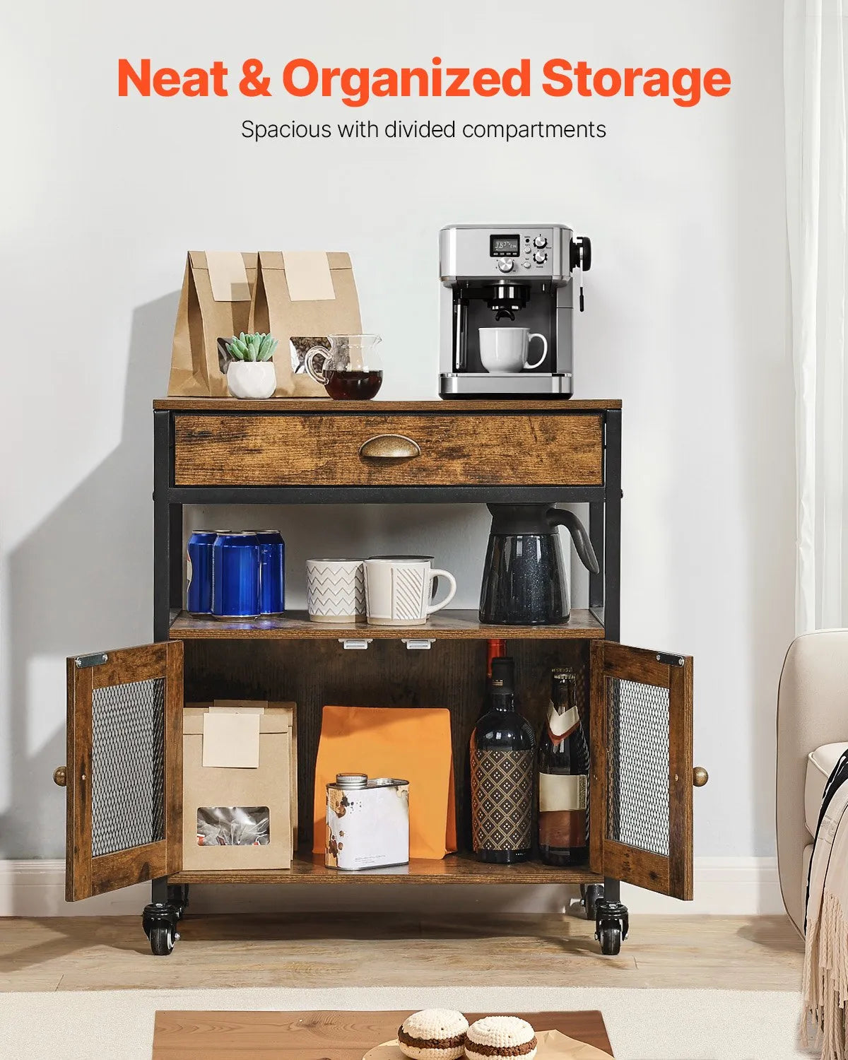 VEVOR Coffee Bar Cabinet 4-Tier Movable Coffee Bar Table with Wheels & Mesh Door