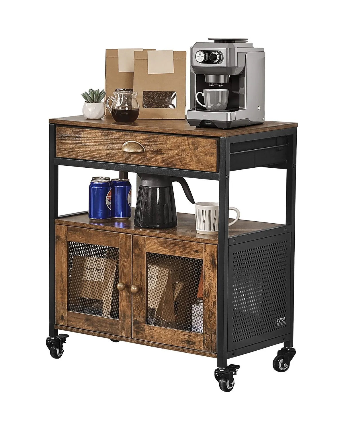 VEVOR Coffee Bar Cabinet 4-Tier Movable Coffee Bar Table with Wheels & Mesh Door