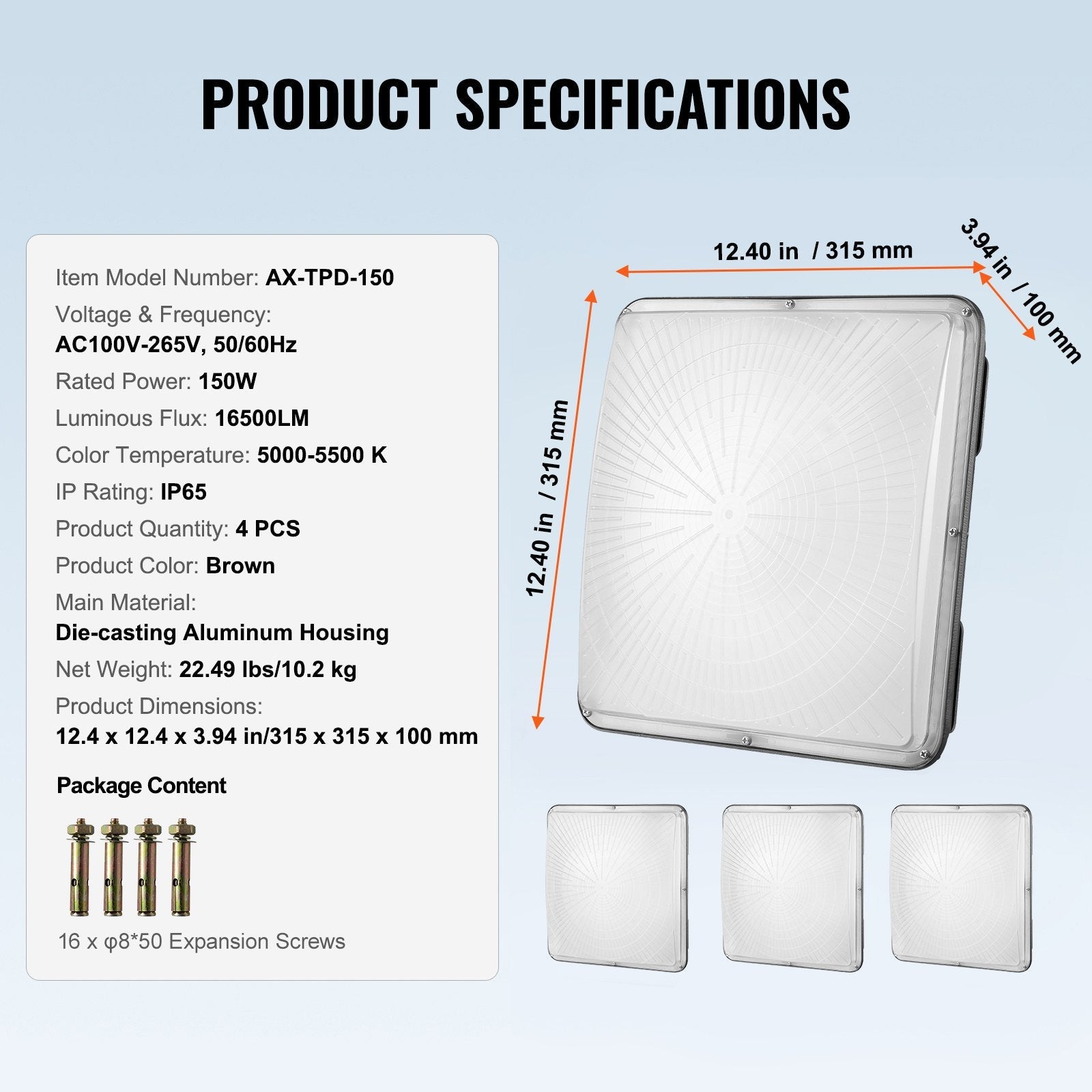 VEVOR 4 PCS LED Canopy Light 150W 16500LM 5000K Daylight Outdoor Canopy Lighting 