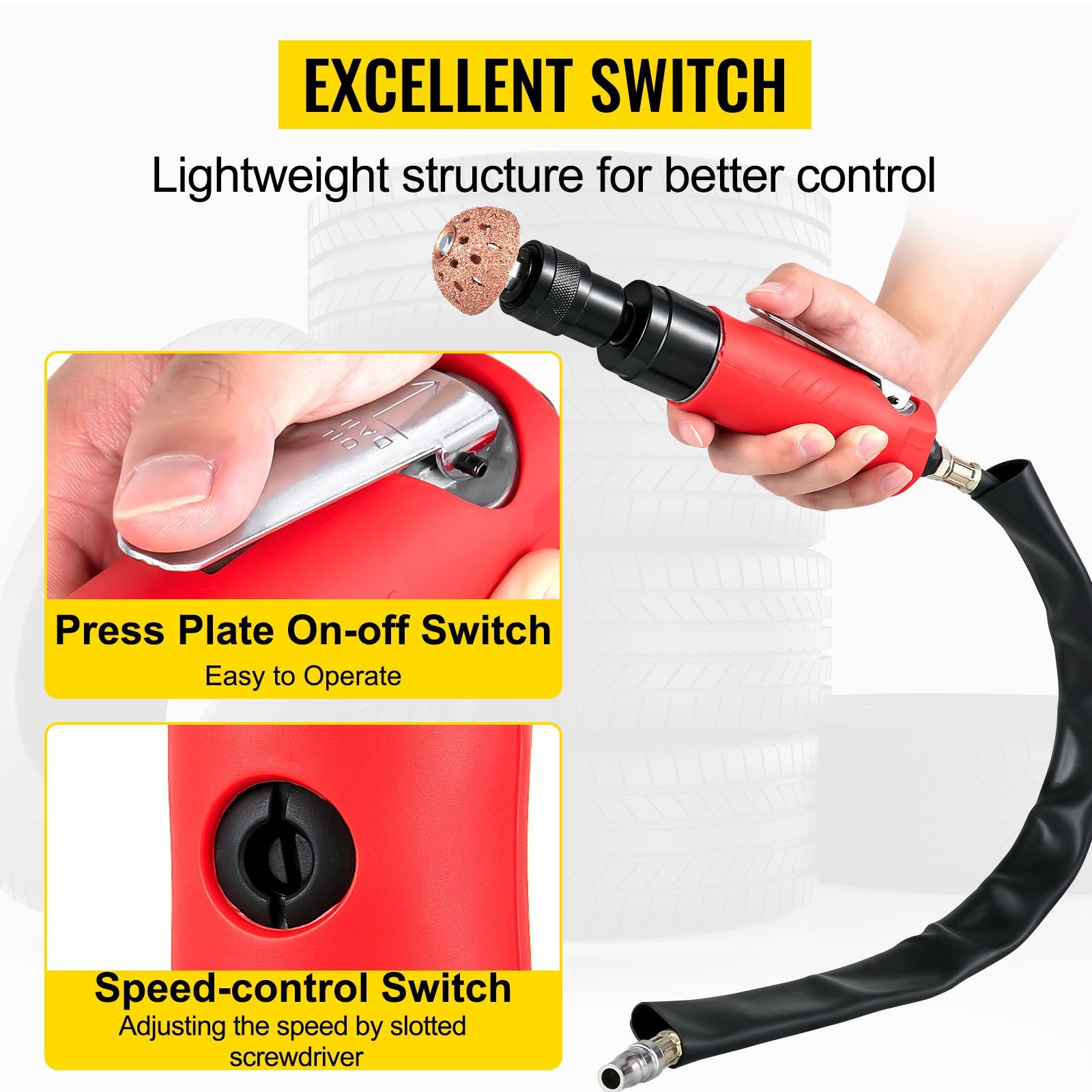 VEVOR Air Tire Buffer, 2500rpm Low Speed Tire Buffer, 35 mm Pneumatic Buffing Tool, Variable Speed Tire Grinder With Whip Hose, Tire Repair Buffing Wheel For Inner Liner Cleaning, Reaming And Drilling 