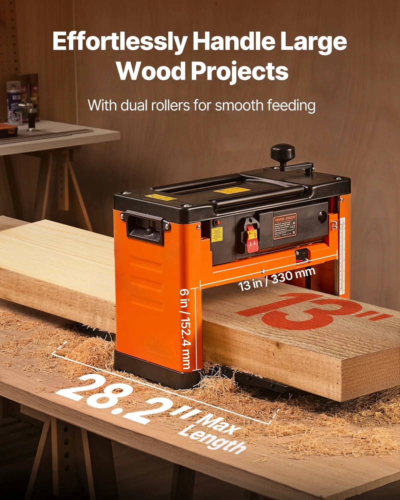 VEVOR Thickness Planer, Three-Blade, 13-Inch Width Worktable Power Benchtop Planer, 2000W 23500 RPM Powerful Motor, Dual Rollers, Over Protection, Single Speed Woodworking, for Hard Soft Wood Material 