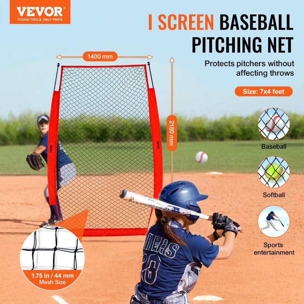 VEVOR I Screen Baseball for Batting Cage, 7x4 ft Baseball & Softball Safety Screen, Body Protector Portable Batting Screen with Carry Bag & Ground Stakes, Baseball Pitching Net for Pitchers Protection 