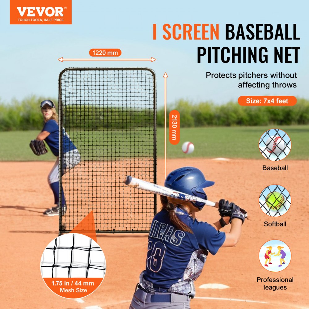 VEVOR I Screen Baseball for Batting Cage, 7x4 ft Baseball Softball Safety Screen, Body Protector Portable Batting Screen with Carry Bag & Ground Stakes, Heavy Duty Pitching Net for Pitchers Protection 