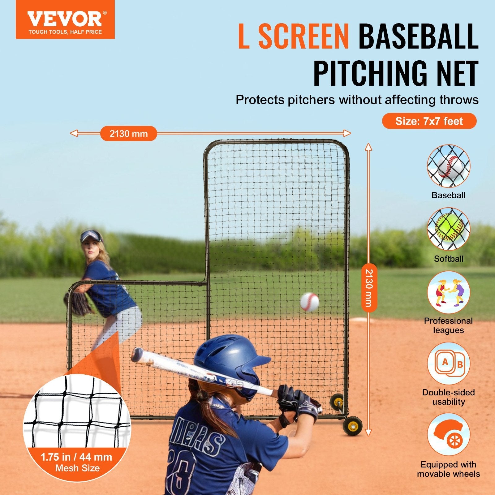 VEVOR L Screen Baseball for Batting Cage, 7x7 ft Softball Safety Screen, Body Protector Portable Batting Screen with Carry Bag, Wheels, Ground Stakes, Heavy Duty Pitching Net for Pitchers Protection 