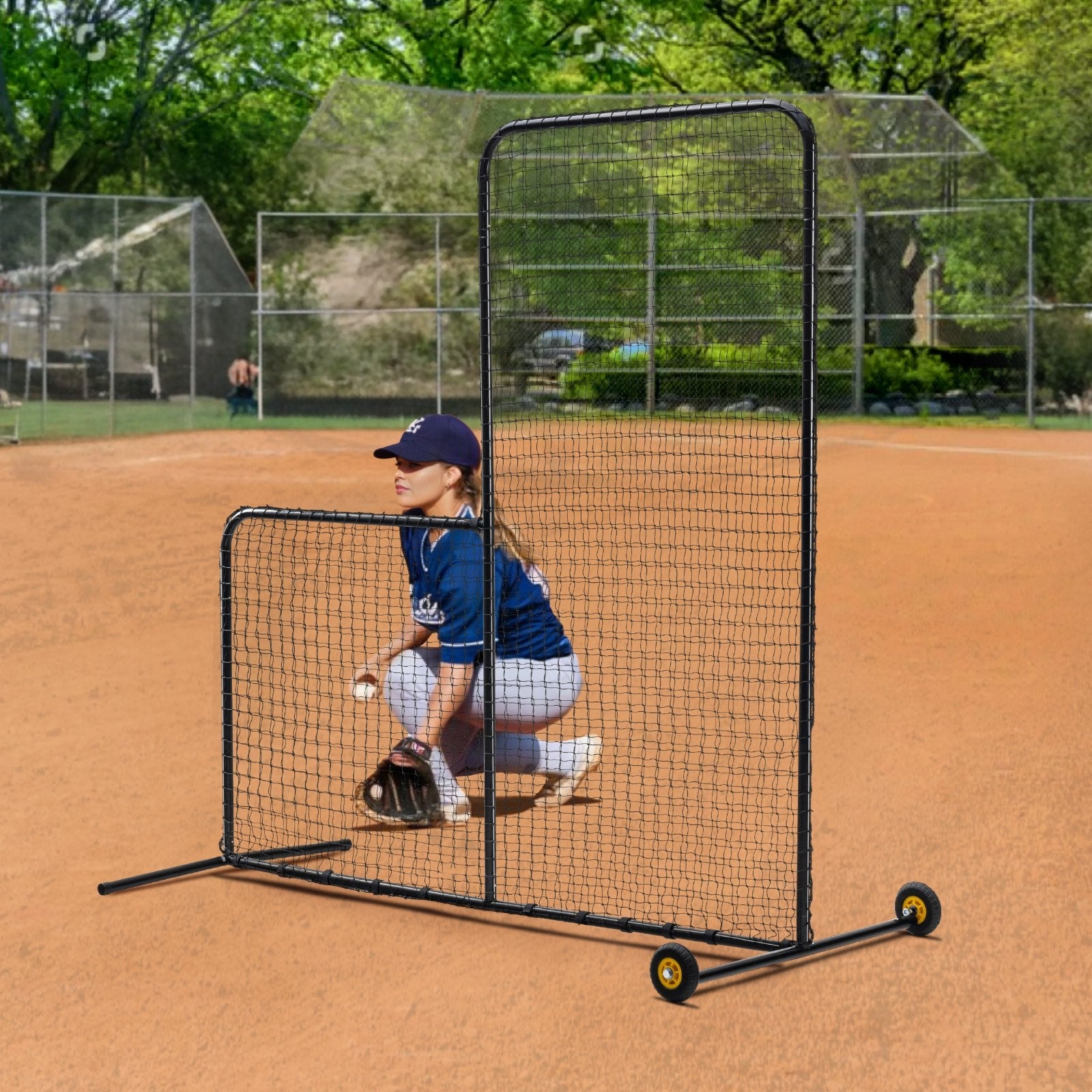 VEVOR L Screen Baseball for Batting Cage, 7x7 ft Softball Safety Screen, Body Protector Portable Batting Screen with Carry Bag, Wheels, Ground Stakes, Heavy Duty Pitching Net for Pitchers Protection 