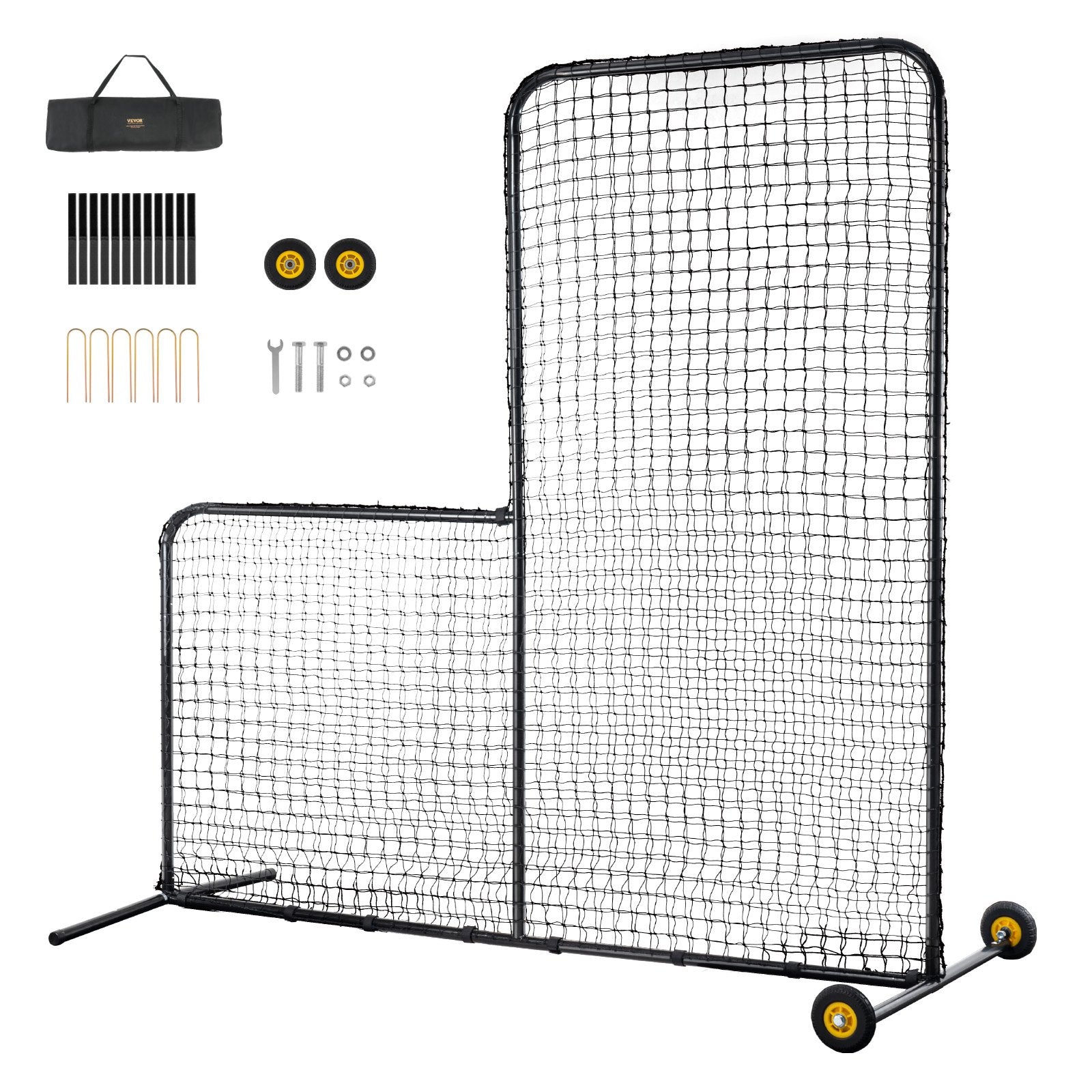 VEVOR L Screen Baseball for Batting Cage, 7x7 ft Softball Safety Screen, Body Protector Portable Batting Screen with Carry Bag, Wheels, Ground Stakes, Heavy Duty Pitching Net for Pitchers Protection 