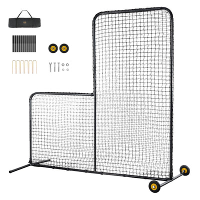 VEVOR L Screen Baseball for Batting Cage, 7x7 ft Softball Safety Screen, Body Protector Portable Batting Screen with Carry Bag, Wheels, Ground Stakes, Heavy Duty Pitching Net for Pitchers Protection 