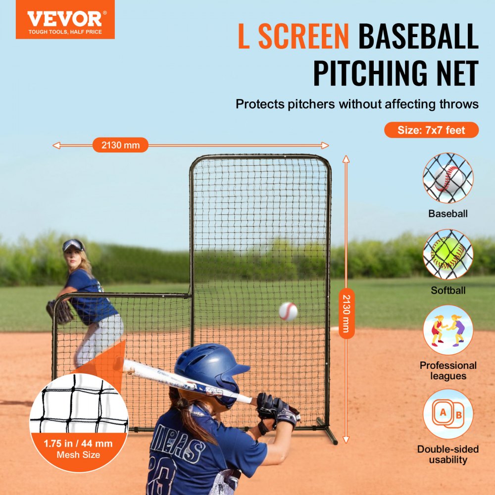 VEVOR L Screen Baseball for Batting Cage, 7x7 ft Baseball Softball Safety Screen, Body Protector Portable Batting Screen with Carry Bag & Ground Stakes, Heavy Duty Pitching Net for Pitchers Protection 