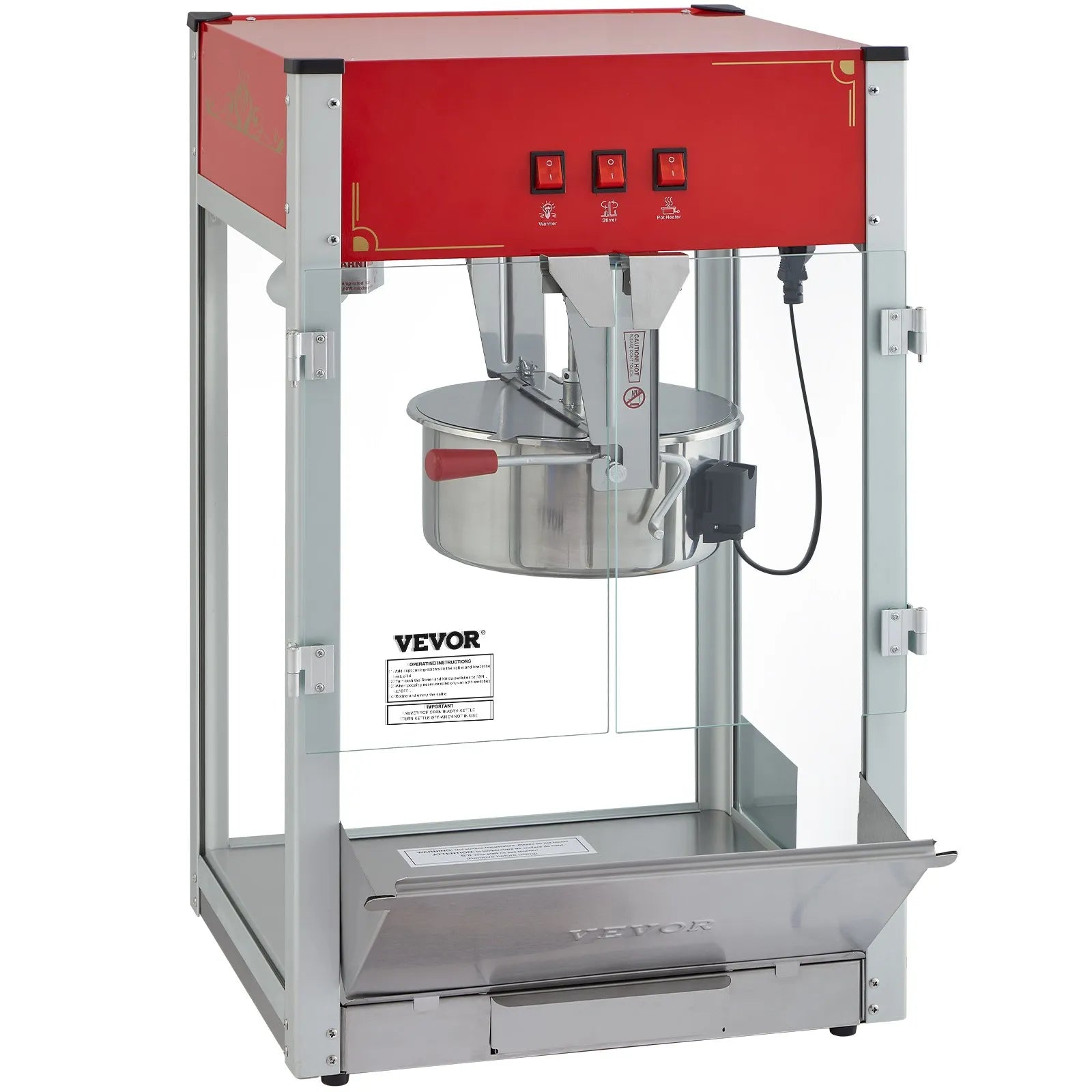 VEVOR Commercial Popcorn Machine, 12 Oz Kettle, 1440 W Countertop Popcorn Maker for 80 Cups per Batch, Theater Style Popper with 3-Switch Control Steel Frame Tempered Glass Doors 1 Scoop 2 Spoons, Red