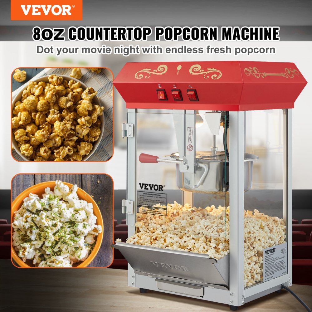 VEVOR Commercial Popcorn Machine, 8 Oz Kettle, 850 W Countertop Popcorn Maker for 48 Cups per Batch, Theater Style Popper with 3-Switch Control Steel Frame Tempered Glass Doors 1 Scoop 2 Spoons, Red 