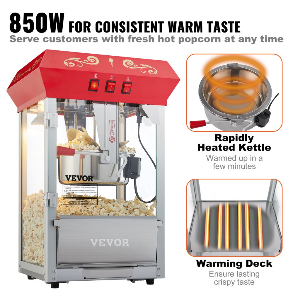 VEVOR Commercial Popcorn Machine, 8 Oz Kettle, 850 W Countertop Popcorn Maker for 48 Cups per Batch, Theater Style Popper with 3-Switch Control Steel Frame Tempered Glass Doors 1 Scoop 2 Spoons, Red 