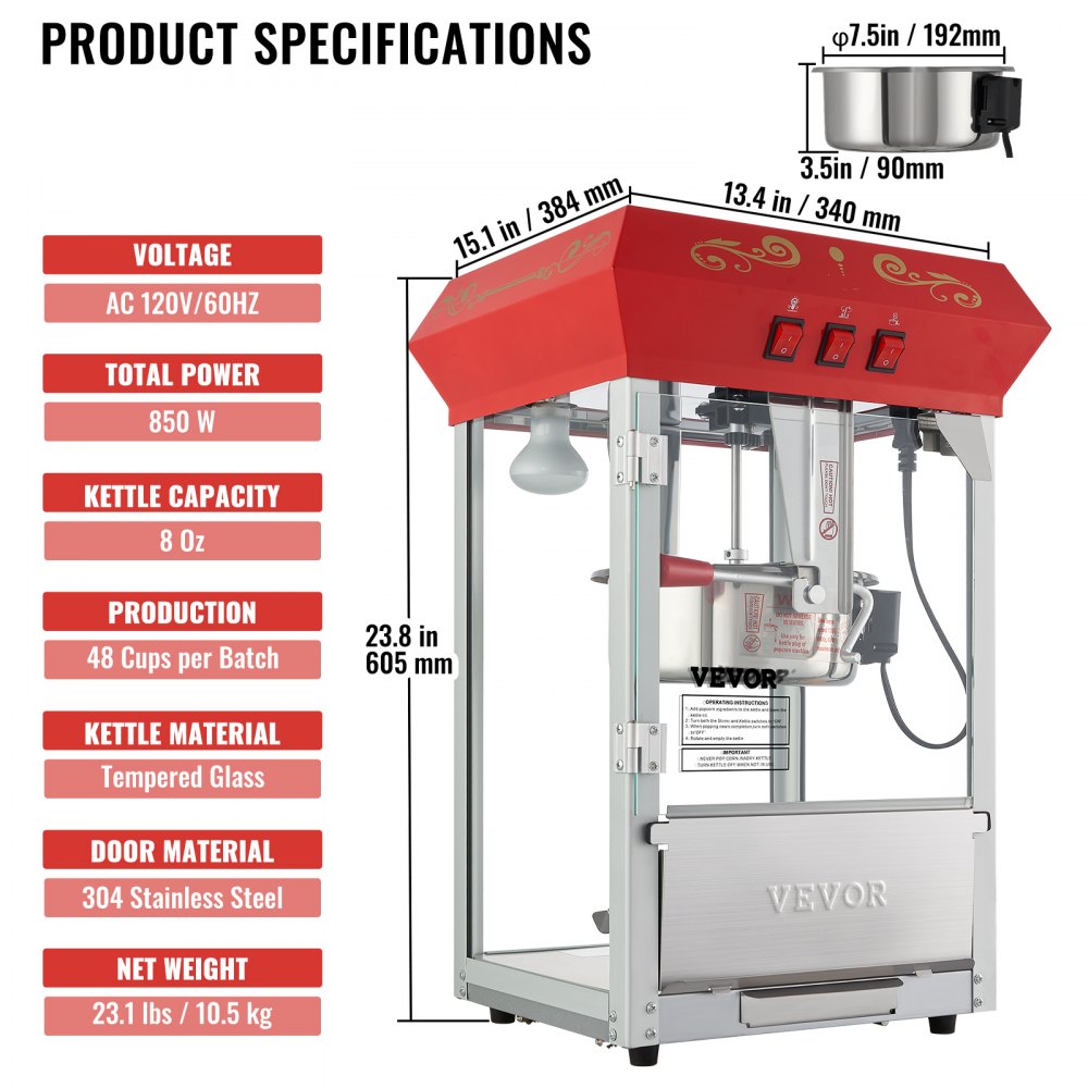 VEVOR Commercial Popcorn Machine, 8 Oz Kettle, 850 W Countertop Popcorn Maker for 48 Cups per Batch, Theater Style Popper with 3-Switch Control Steel Frame Tempered Glass Doors 1 Scoop 2 Spoons, Red 