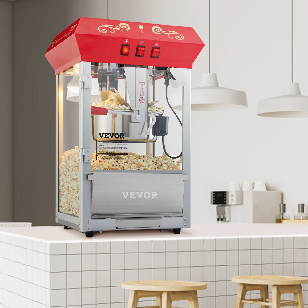 VEVOR Commercial Popcorn Machine, 8 Oz Kettle, 850 W Countertop Popcorn Maker for 48 Cups per Batch, Theater Style Popper with 3-Switch Control Steel Frame Tempered Glass Doors 1 Scoop 2 Spoons, Red 