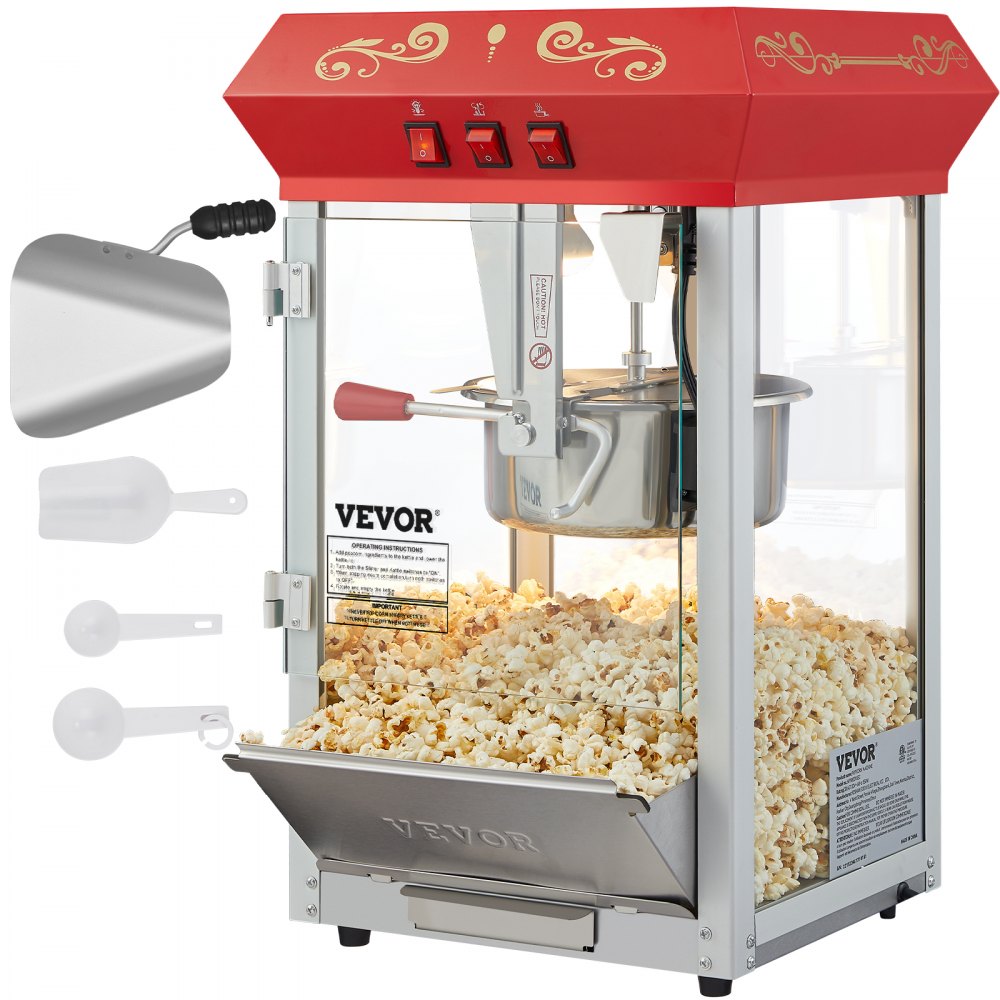 VEVOR Commercial Popcorn Machine, 8 Oz Kettle, 850 W Countertop Popcorn Maker for 48 Cups per Batch, Theater Style Popper with 3-Switch Control Steel Frame Tempered Glass Doors 1 Scoop 2 Spoons, Red 