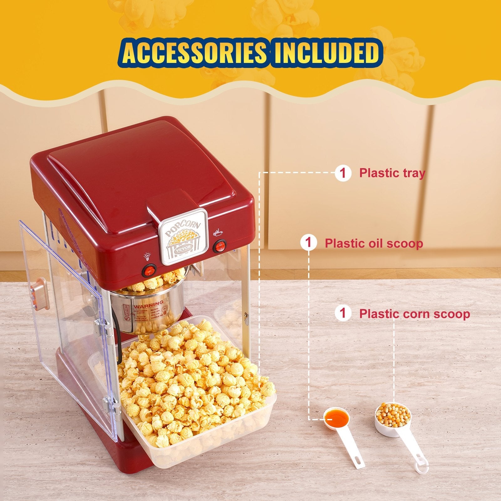 VEVOR Popcorn Popper Machine Tabletop Popcorn Maker 300W 2.5 Oz Red 