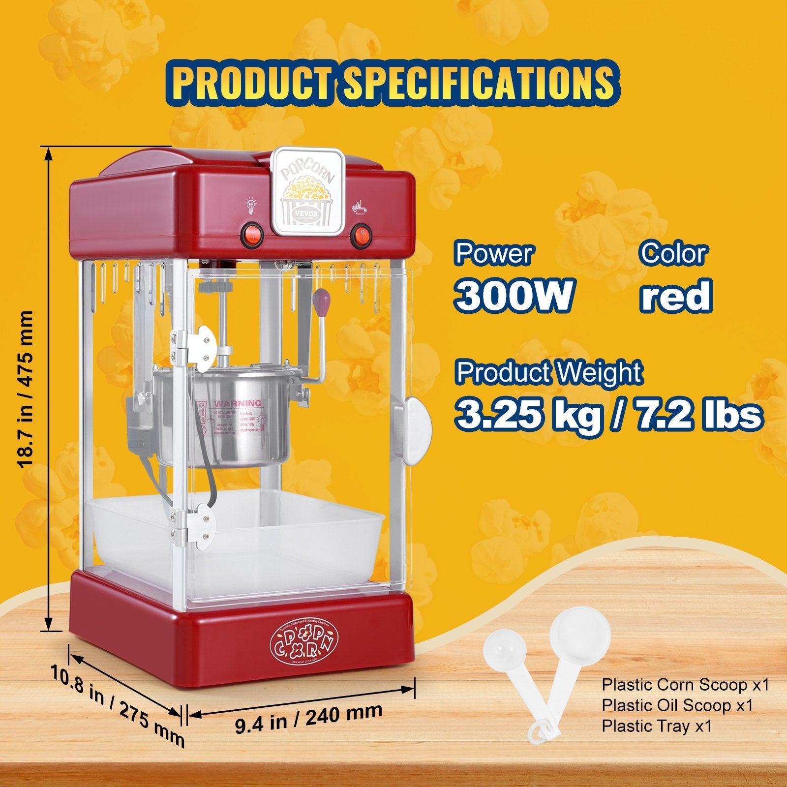 VEVOR Popcorn Popper Machine Tabletop Popcorn Maker 300W 2.5 Oz Red 