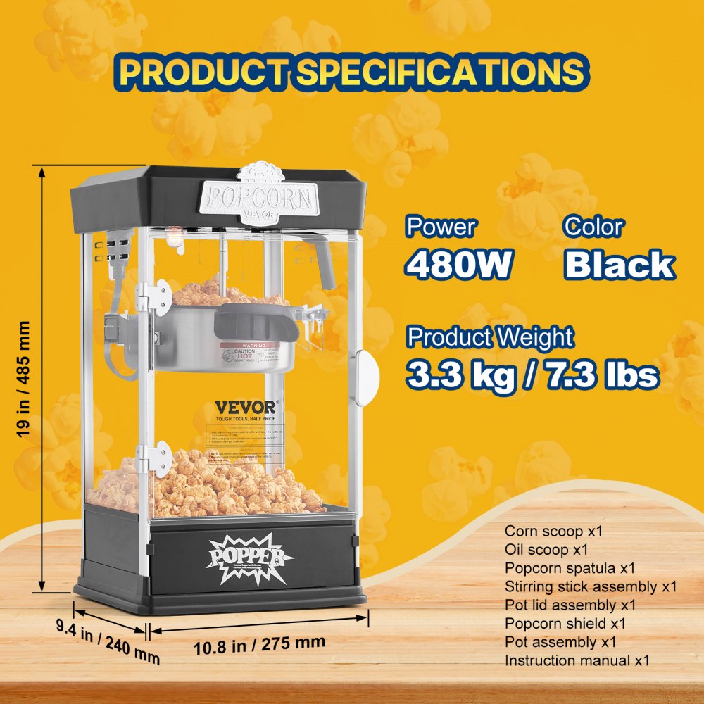 VEVOR Popcorn Popper Machine Tabletop Popcorn Maker 480W 4 Oz Black 