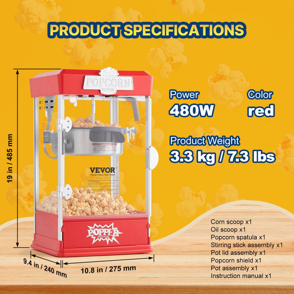VEVOR Popcorn Popper Machine Tabletop Popcorn Maker 480W 4 Oz Red 
