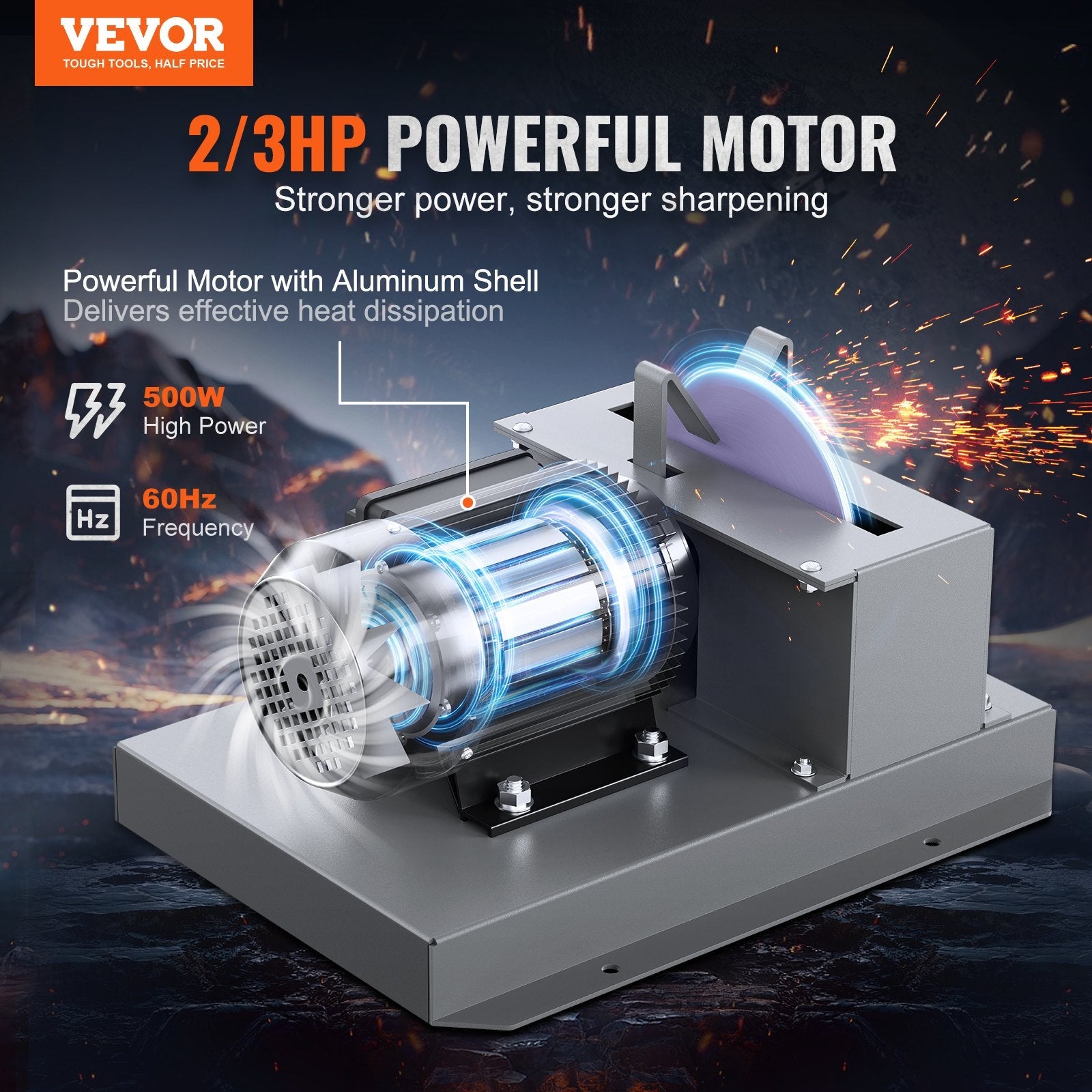 VEVOR Lawn Mower Blade Sharpener, 2/3HP 500W Lawnmower Blade Grinder with 7-inch Ceramic Grinding Wheel, Powerful Bench Mower Sharpening Machine for High/Low Lift Blades, Gator Blades, Flat Blades 