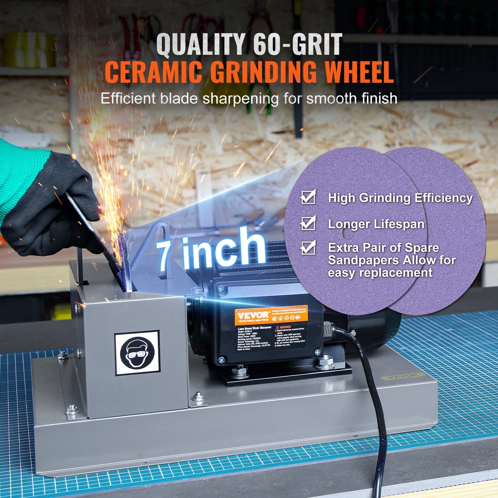 VEVOR Lawn Mower Blade Sharpener, 2/3HP 500W Lawnmower Blade Grinder with 7-inch Ceramic Grinding Wheel, Powerful Bench Mower Sharpening Machine for High/Low Lift Blades, Gator Blades, Flat Blades 