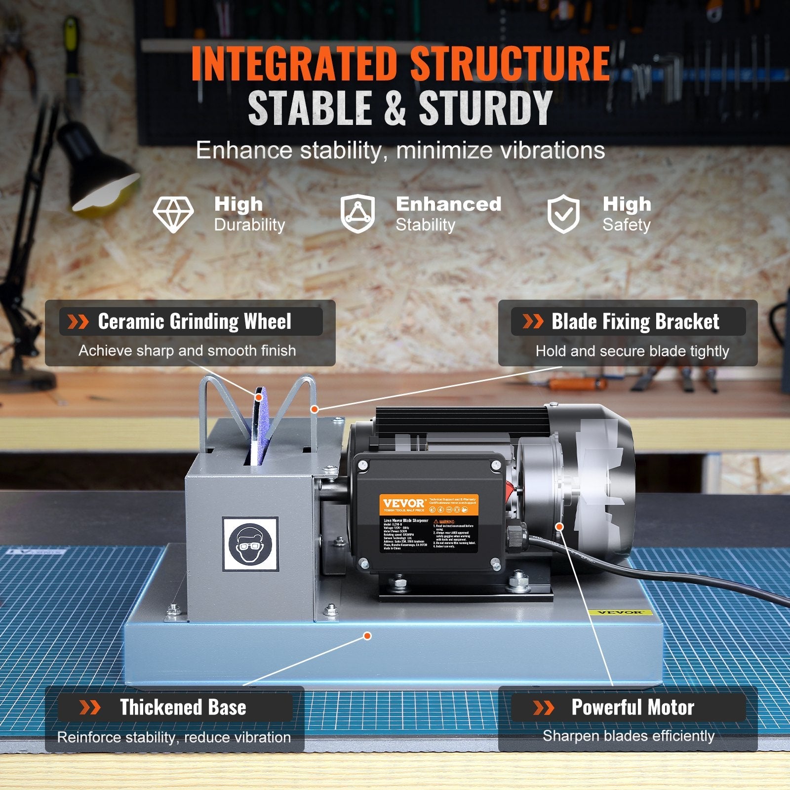 VEVOR Lawn Mower Blade Sharpener, 2/3HP 500W Lawnmower Blade Grinder with 7-inch Ceramic Grinding Wheel, Powerful Bench Mower Sharpening Machine for High/Low Lift Blades, Gator Blades, Flat Blades 