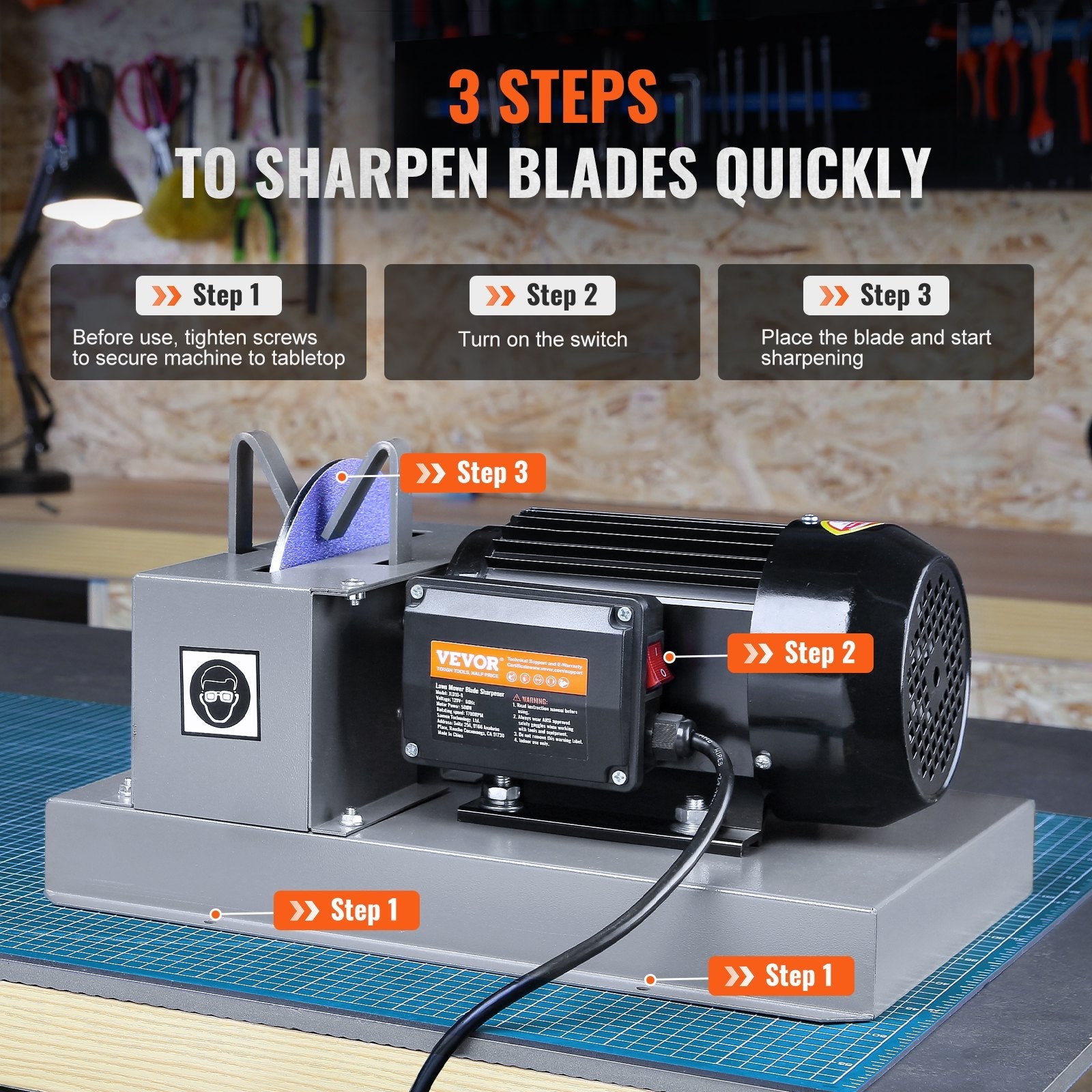 VEVOR Lawn Mower Blade Sharpener, 2/3HP 500W Lawnmower Blade Grinder with 7-inch Ceramic Grinding Wheel, Powerful Bench Mower Sharpening Machine for High/Low Lift Blades, Gator Blades, Flat Blades 