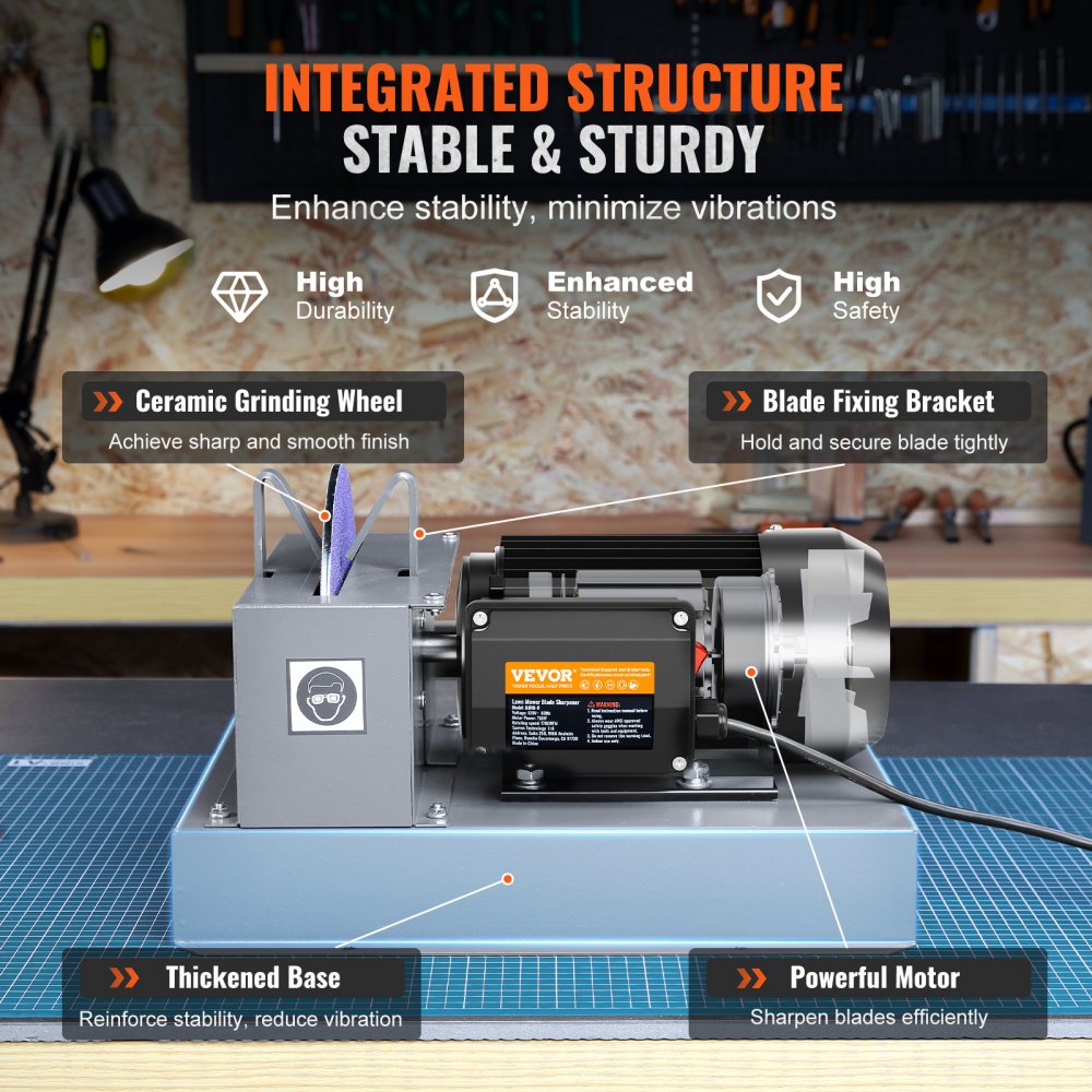 VEVOR Lawn Mower Blade Sharpener, 1HP 750W Lawnmower Blade Grinder with 9-inch Ceramic Grinding Wheel, Powerful Bench Mower Sharpening Machine for High/Low Lift Blades, Gator Blades, Flat Blades 