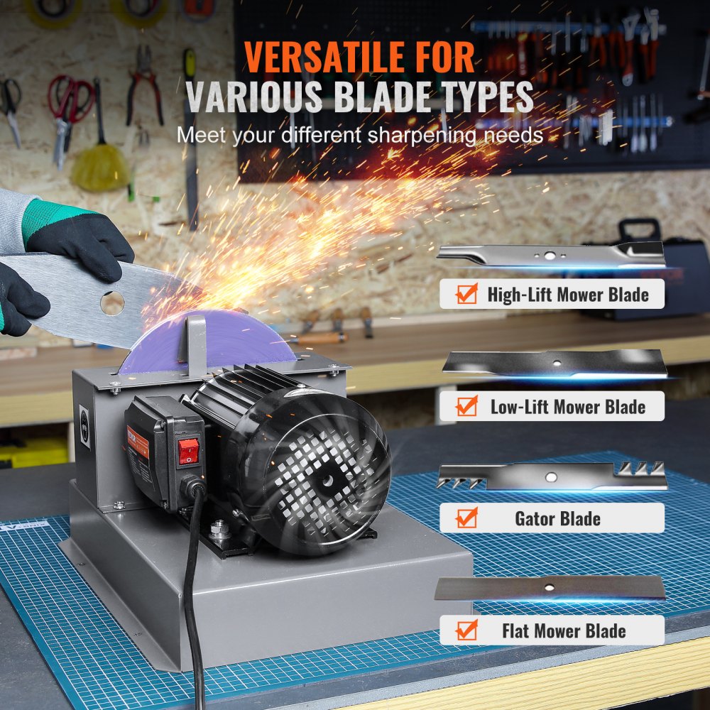 VEVOR Lawn Mower Blade Sharpener, 1HP 750W Lawnmower Blade Grinder with 9-inch Ceramic Grinding Wheel, Powerful Bench Mower Sharpening Machine for High/Low Lift Blades, Gator Blades, Flat Blades 