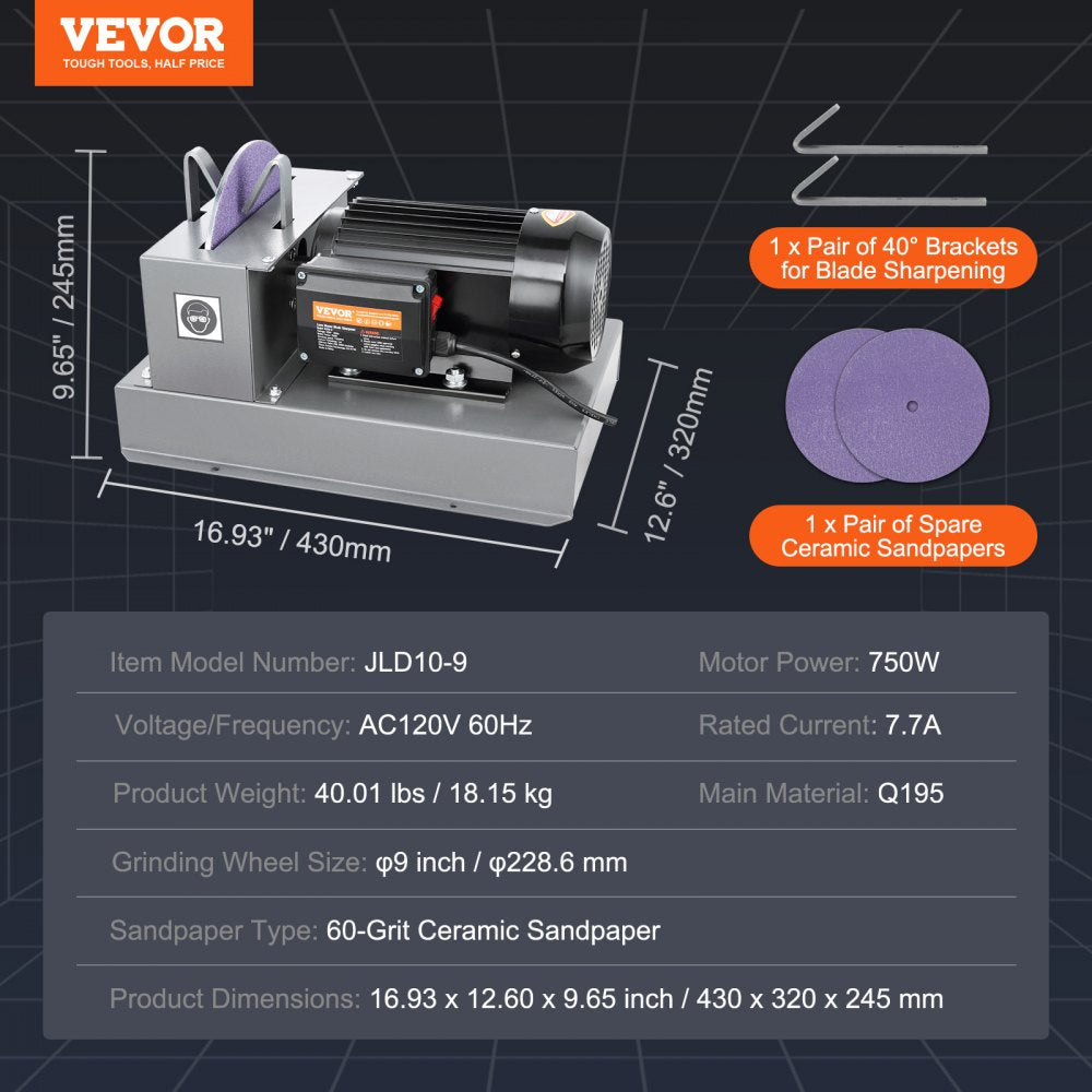 VEVOR Lawn Mower Blade Sharpener, 1HP 750W Lawnmower Blade Grinder with 9-inch Ceramic Grinding Wheel, Powerful Bench Mower Sharpening Machine for High/Low Lift Blades, Gator Blades, Flat Blades 
