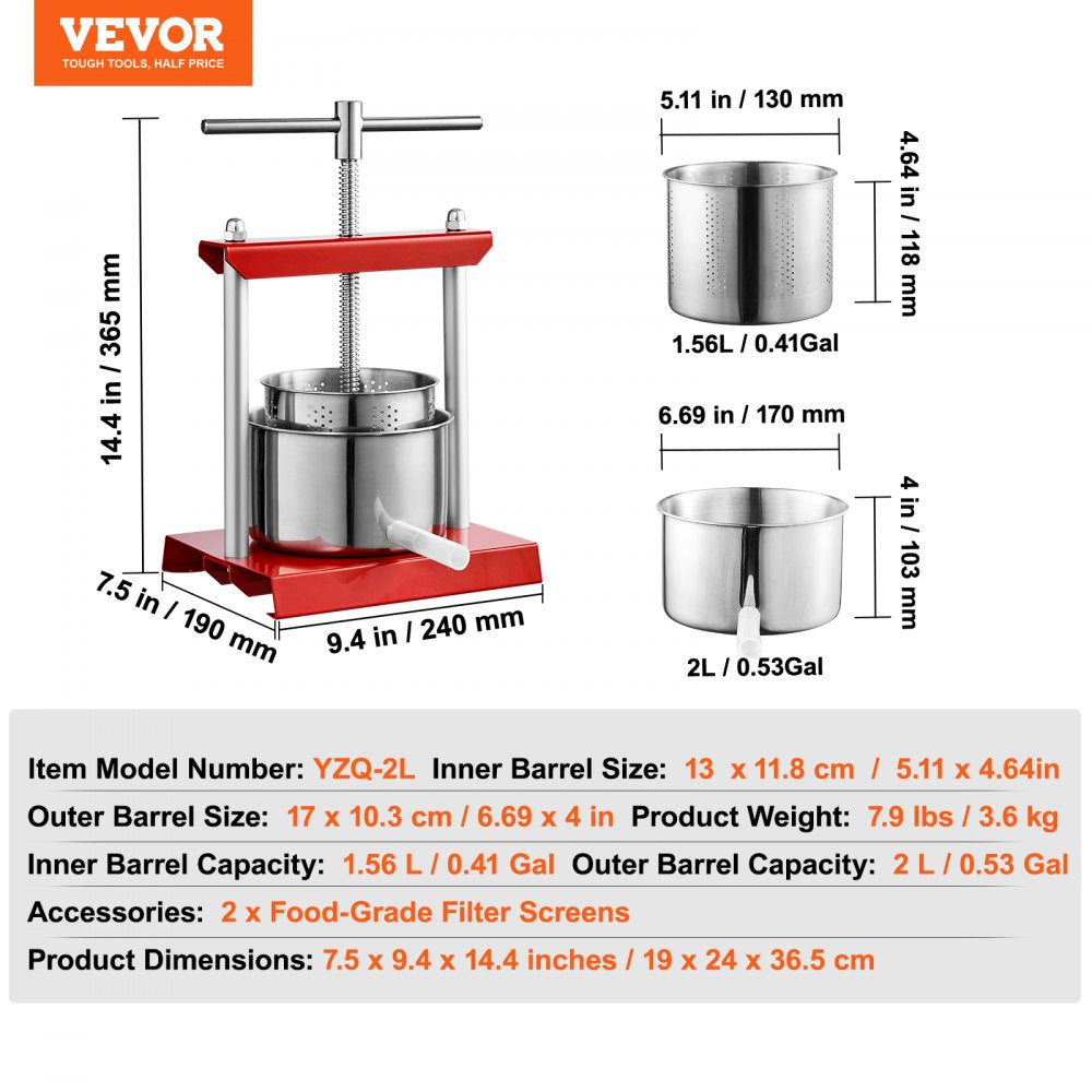 VEVOR Fruit Wine Press, 0.53 Gallon/2L, 2 Stainless Steel Barrels, Manual Juice Maker, Cider Apple Grape Tincture Vegetables Honey Olive Oil Making Press with T-Handle for Outdoor, Kitchen, and Home 