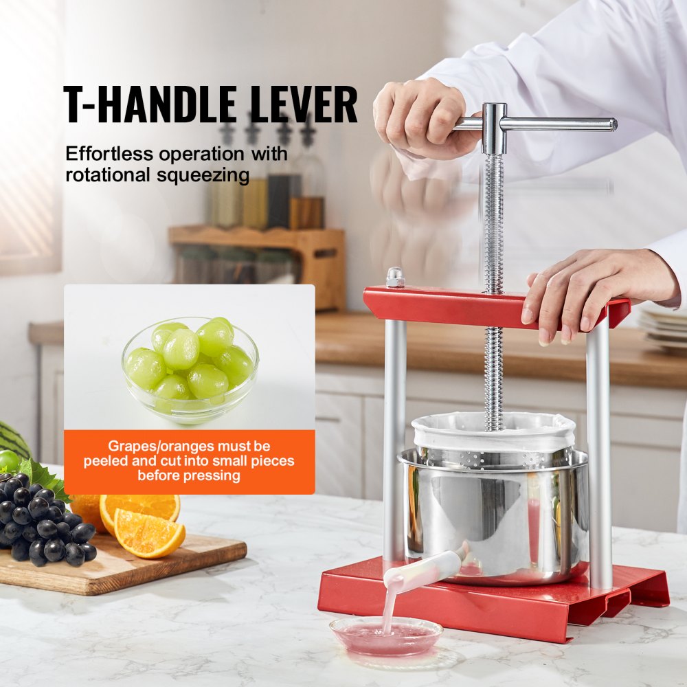 VEVOR Fruit Wine Press, 0.8 Gallon/3L, 2 Stainless Steel Barrels, Manual Juice Maker, Cider Apple Grape Tincture Vegetables Honey Olive Oil Making Press with T-Handle for Outdoor, Kitchen, and Home 