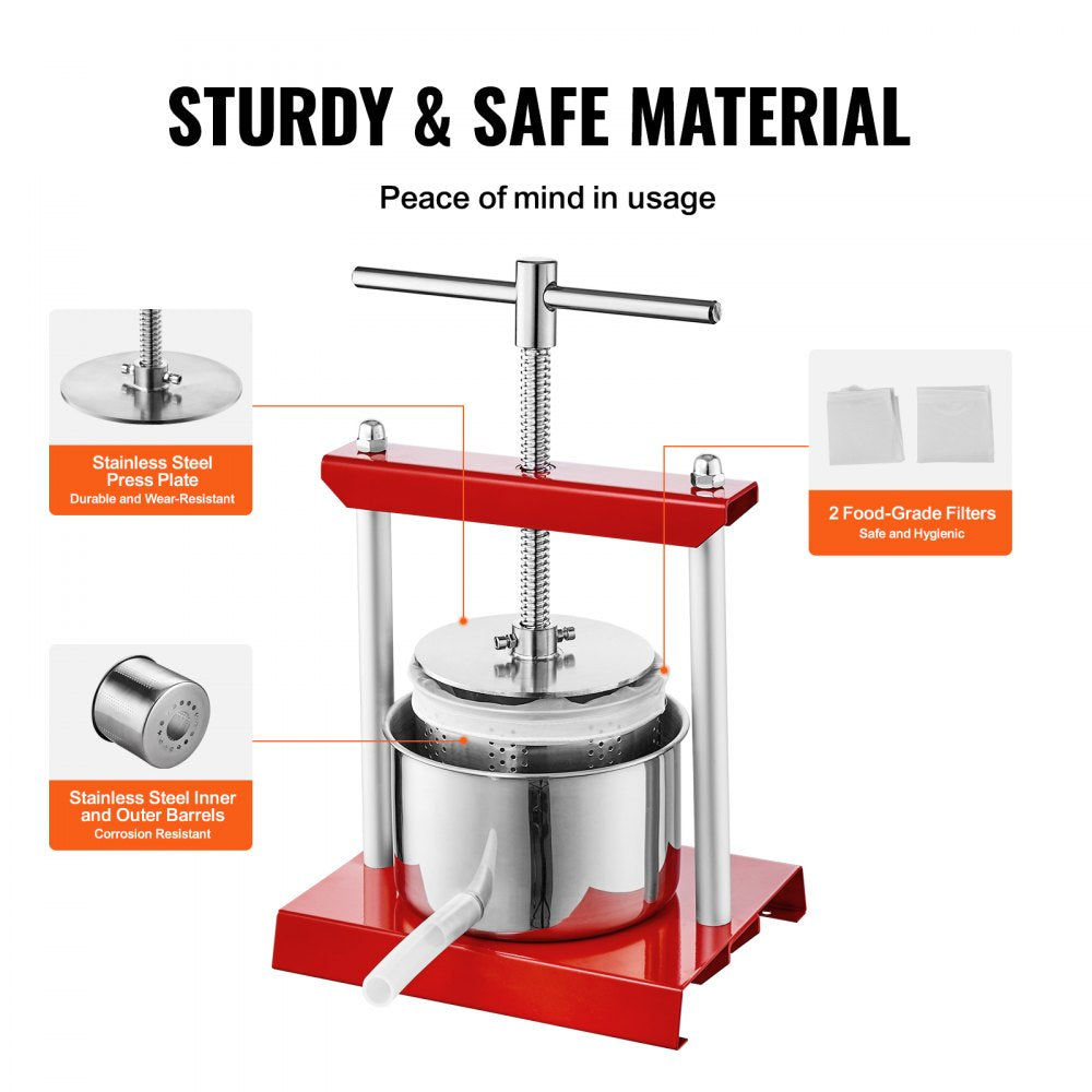 VEVOR Fruit Wine Press, 0.8 Gallon/3L, 2 Stainless Steel Barrels, Manual Juice Maker, Cider Apple Grape Tincture Vegetables Honey Olive Oil Making Press with T-Handle for Outdoor, Kitchen, and Home 