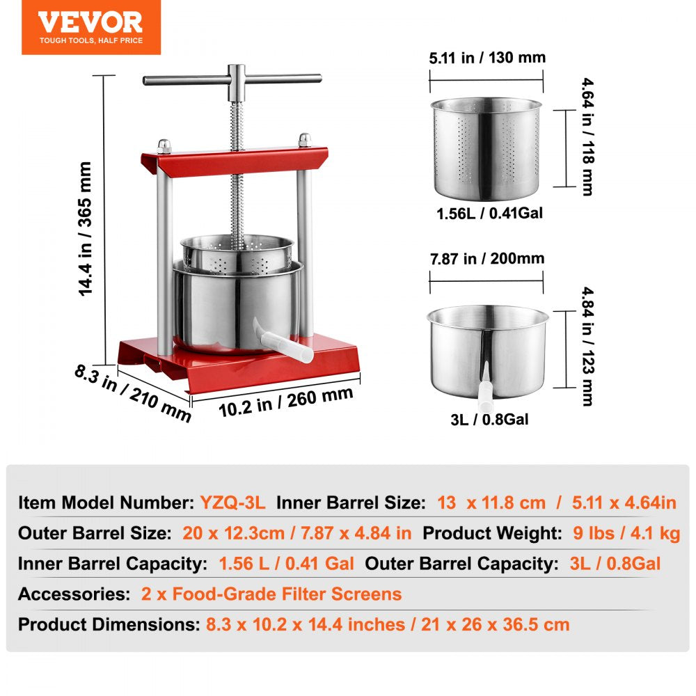 VEVOR Fruit Wine Press, 0.8 Gallon/3L, 2 Stainless Steel Barrels, Manual Juice Maker, Cider Apple Grape Tincture Vegetables Honey Olive Oil Making Press with T-Handle for Outdoor, Kitchen, and Home 