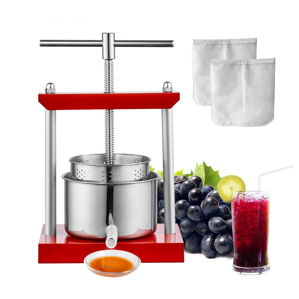 VEVOR Fruit Wine Press, 0.8 Gallon/3L, 2 Stainless Steel Barrels, Manual Juice Maker, Cider Apple Grape Tincture Vegetables Honey Olive Oil Making Press with T-Handle for Outdoor, Kitchen, and Home 