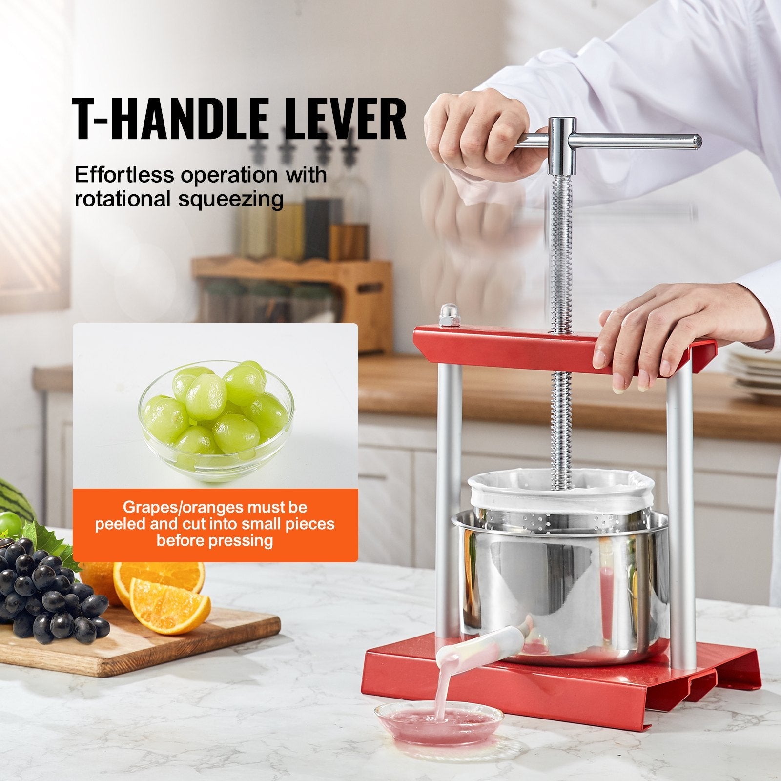 VEVOR Fruit Wine Press, 1.5 Gallon/5.5L, 2 Stainless Steel Barrels, Manual Juice Maker, Cider Apple Grape Tincture Vegetables Honey Olive Oil Making Press with T-Handle for Outdoor, Kitchen, and Home 