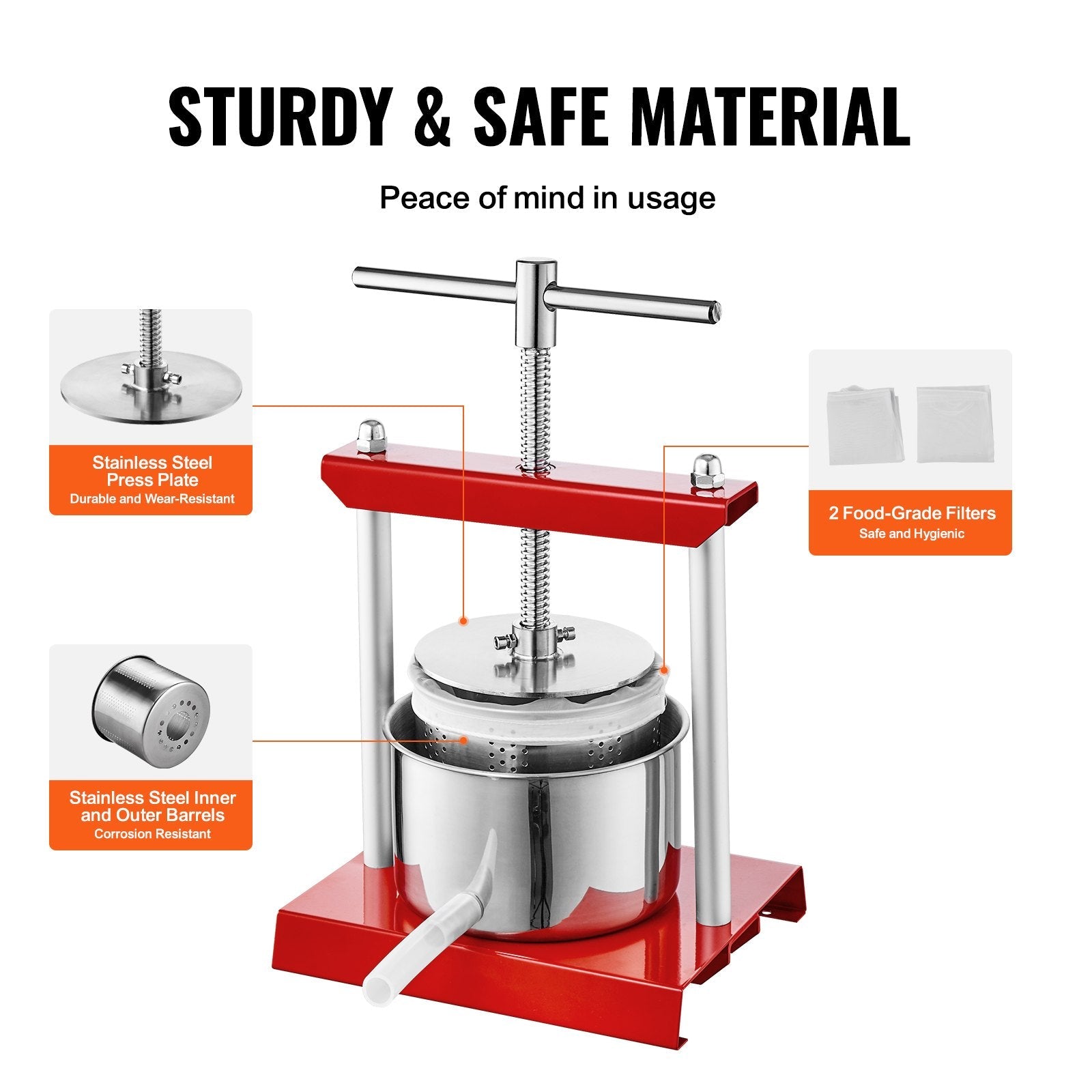 VEVOR Fruit Wine Press, 1.5 Gallon/5.5L, 2 Stainless Steel Barrels, Manual Juice Maker, Cider Apple Grape Tincture Vegetables Honey Olive Oil Making Press with T-Handle for Outdoor, Kitchen, and Home 