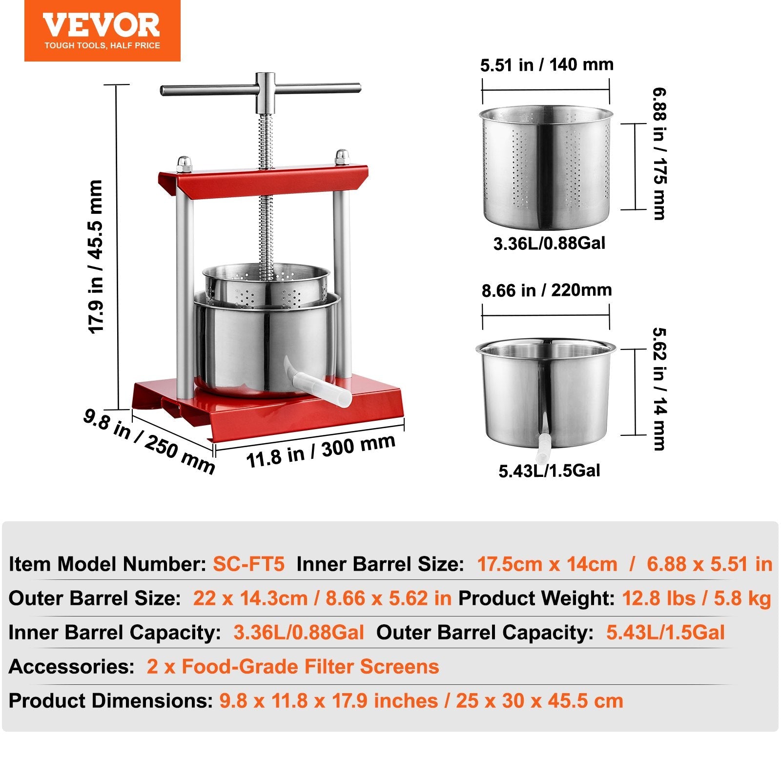 VEVOR Fruit Wine Press, 1.5 Gallon/5.5L, 2 Stainless Steel Barrels, Manual Juice Maker, Cider Apple Grape Tincture Vegetables Honey Olive Oil Making Press with T-Handle for Outdoor, Kitchen, and Home 