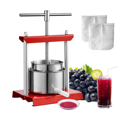 VEVOR Fruit Wine Press, 1.5 Gallon/5.5L, 2 Stainless Steel Barrels, Manual Juice Maker, Cider Apple Grape Tincture Vegetables Honey Olive Oil Making Press with T-Handle for Outdoor, Kitchen, and Home 